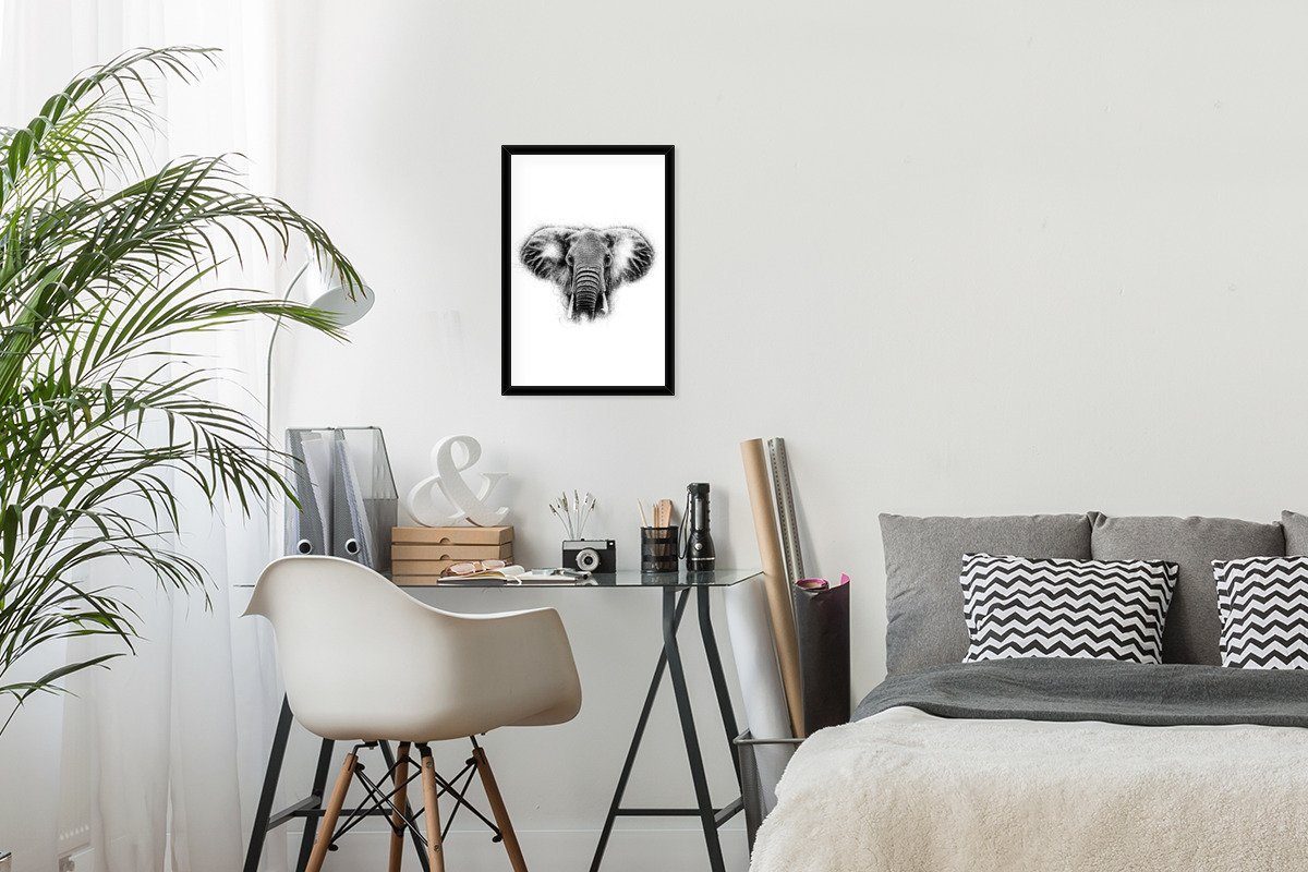 Schwarz Schwarzem Weiß Elefant Tasse, (1 Wandposter, Bilder, Poster, - - Wanddeko, MuchoWow Poster Gerahmtes - Bilderrahmen St),