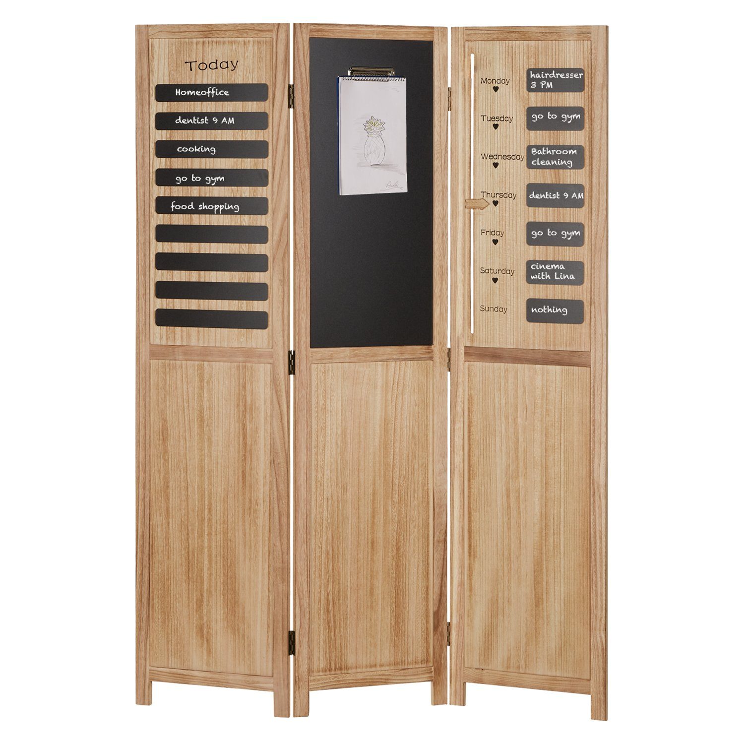 Homestyle4u Paravent Raumteiler Indoor Holz Wochenplaner Sichtschutz faltbar klappbar (3-teilig), Trennwand, 3-teilig, Tafel, Memoboard