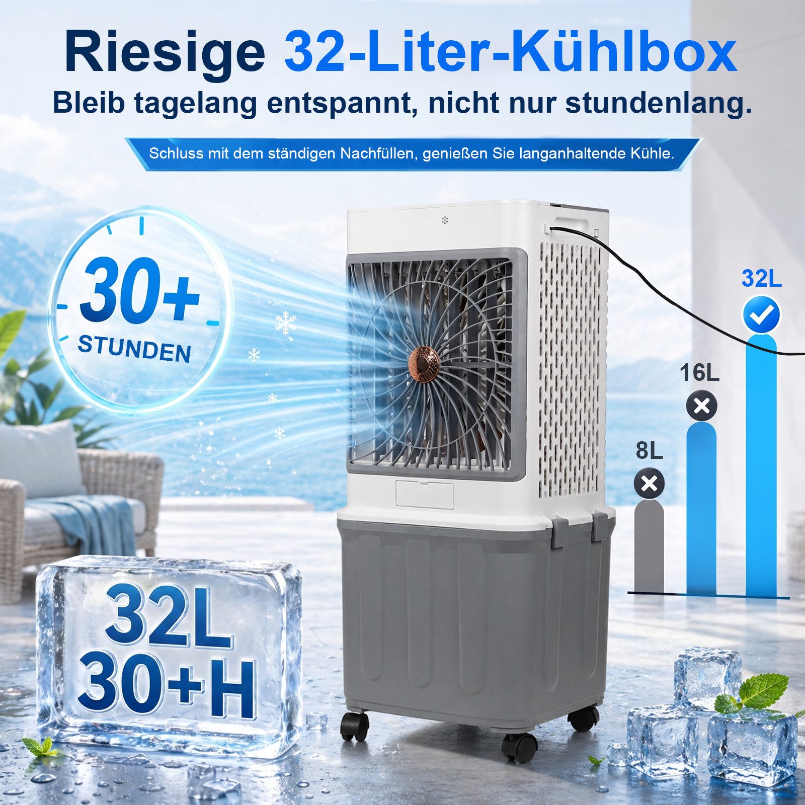 Rosnek Ventilatorkombigerät Mobile Klimaanlage 4-in-1 mit Fernbedienung,32L Wassertank, 30 Std., Luftkühler, ohne Abluftschlauch, 70W leise, für Büro & Schlafzimmer