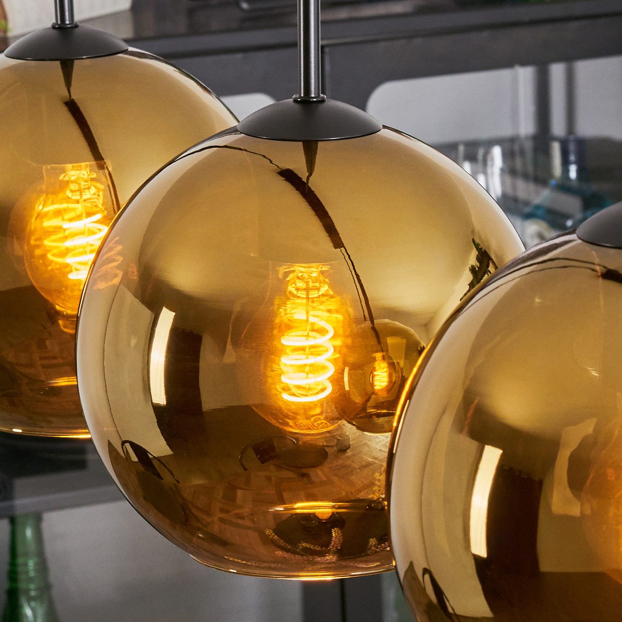 hofstein Hängeleuchte Hängelampe aus Metall/Glas in Schwarz/Goldfarben, Hängeleuchte im modernen Retro/Vintage-Design (15 cm), 4 x E27