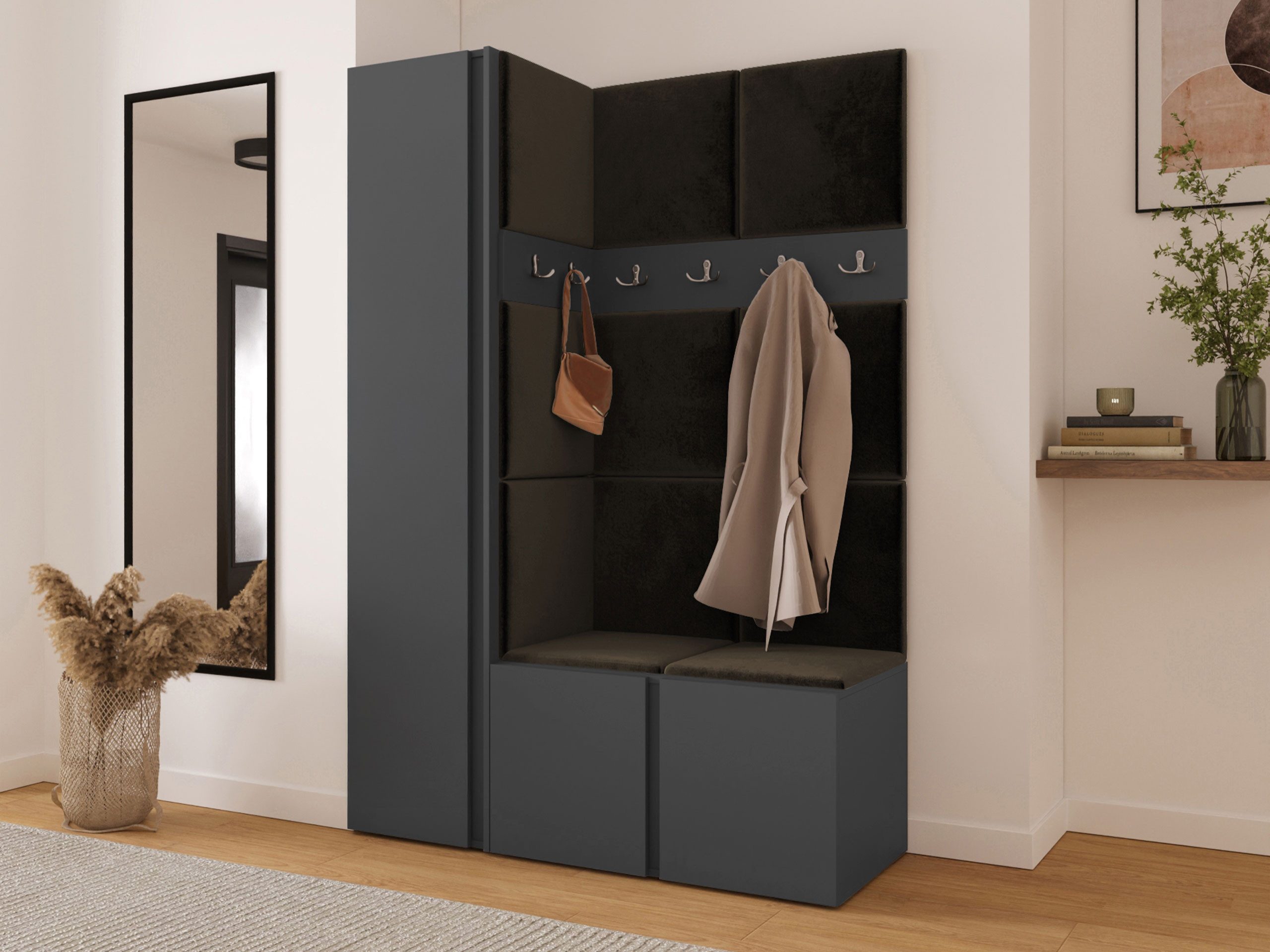 MIRJAN24 Garderoben-Set Orion IX, (Komplett-Set, mit Schuhschrank, Schrank, 2x Kleiderhakenbrett, Paneel 11x 42x42), Auswahl aus Fronten und Polsterplatten