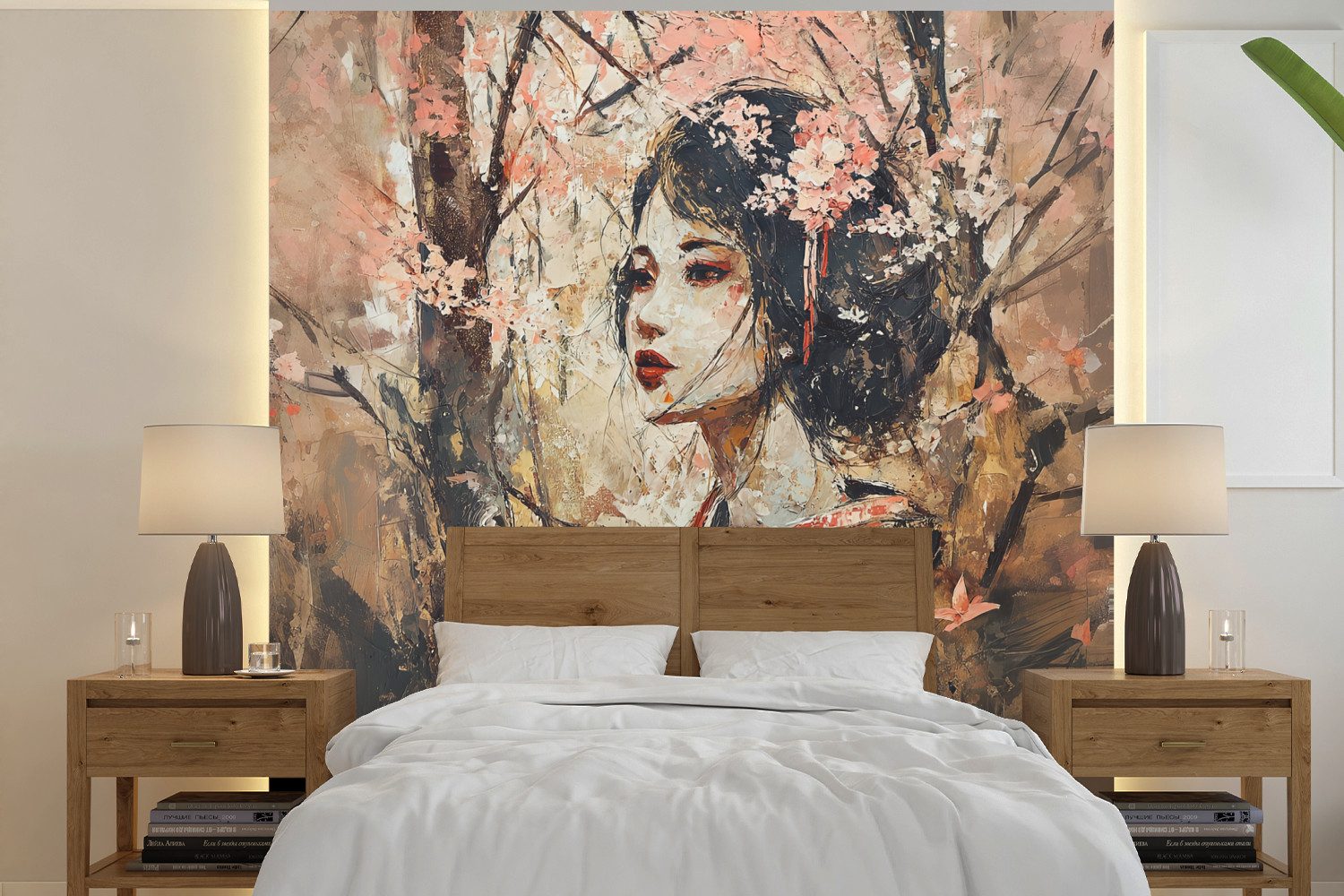 MuchoWow Fototapete Kimono - Frau - Kirschbäume, Matt, bedruckt, Vliestapete für Wohnzimmer Schlafzimmer Küche, Fototapete, 220x220 cm