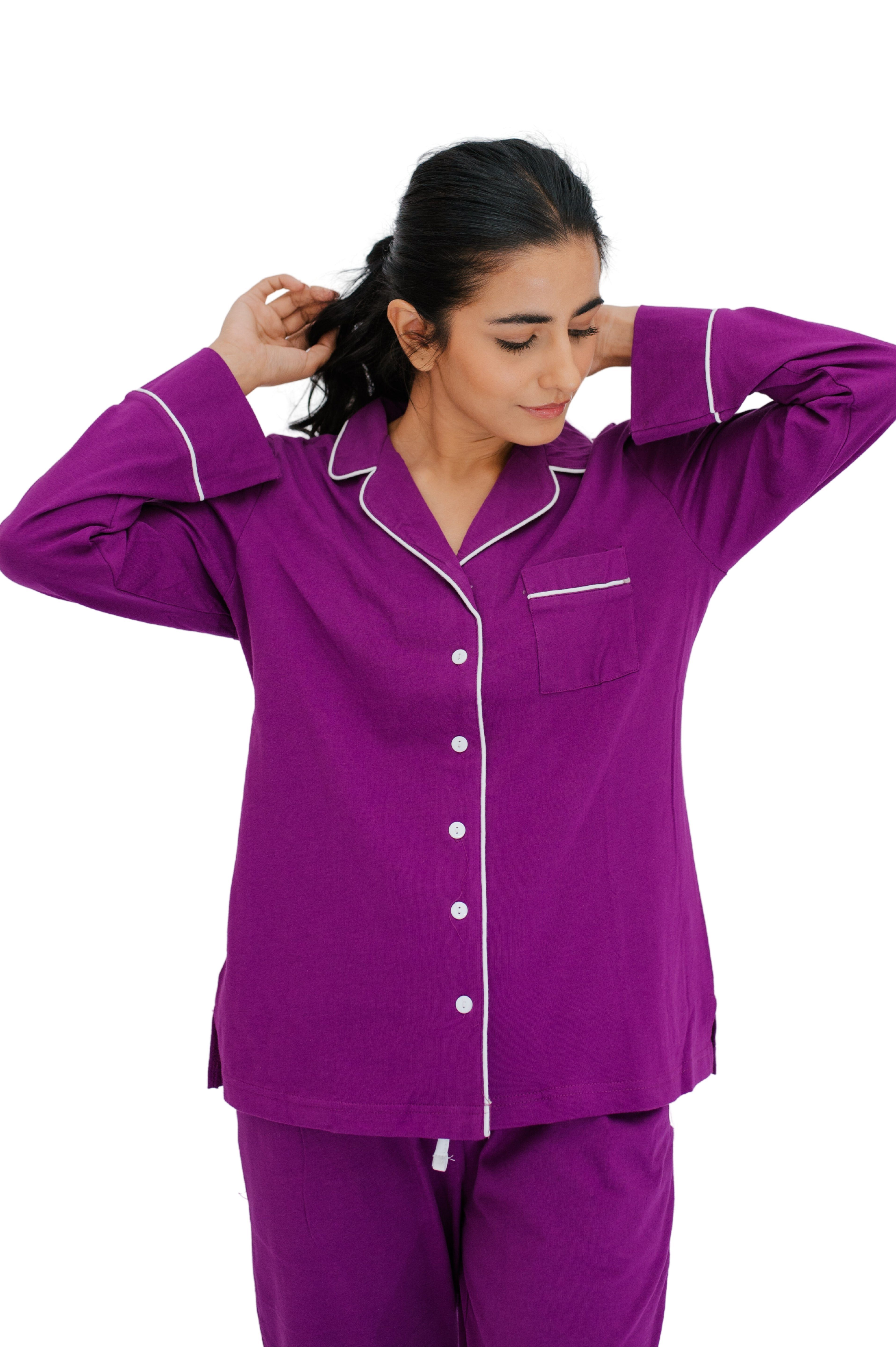 SNOOZE OFF Pyjama Schlafanzug in violett (2 tlg., 1 Stück) mit Kontrastpaspel-Details