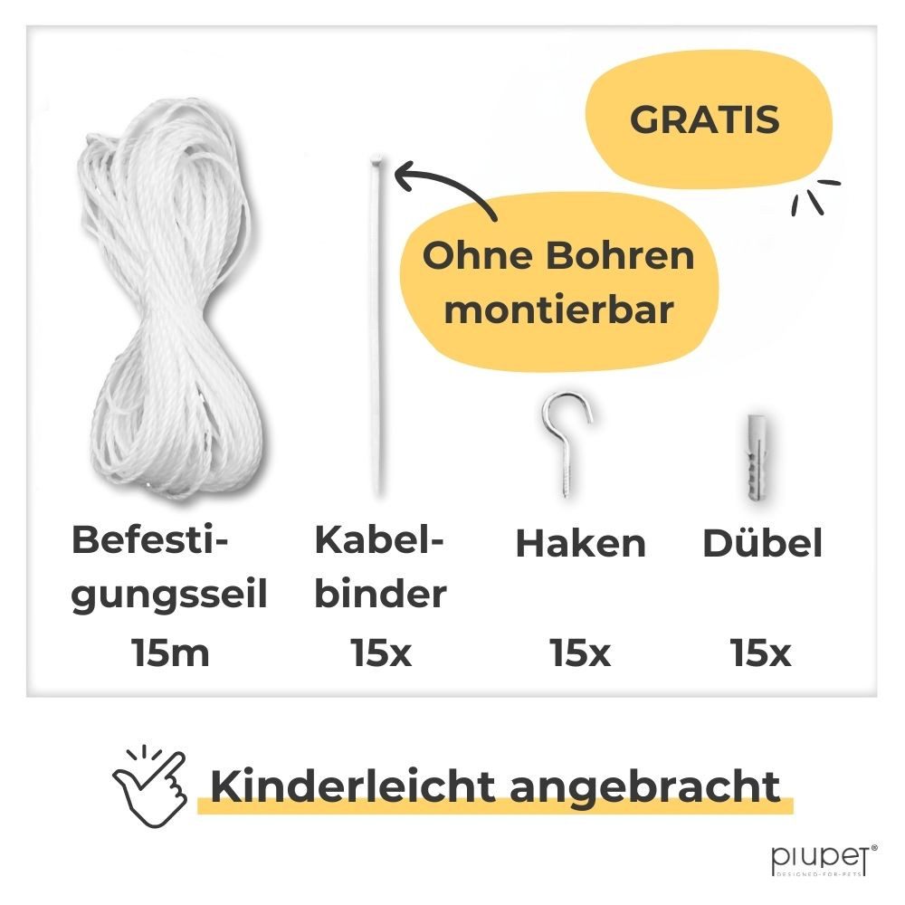 Piupet Tiersicherheitsnetz Katzennetz I transparent I inkl. Montagematerial I Balkon & Fenster