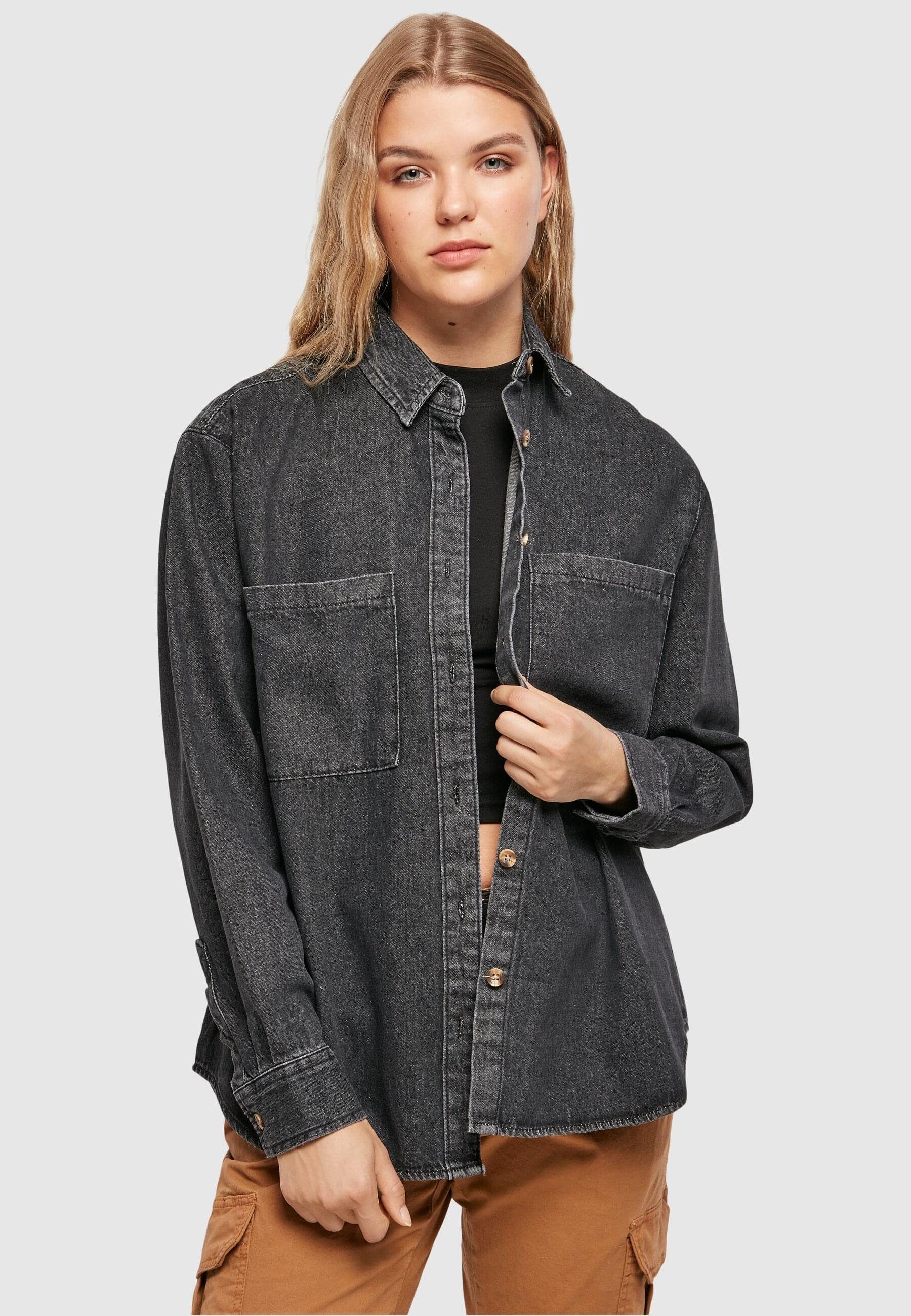 URBAN CLASSICS Klassische Bluse Shirt Denim Ladies washed Damen black Oversized stone