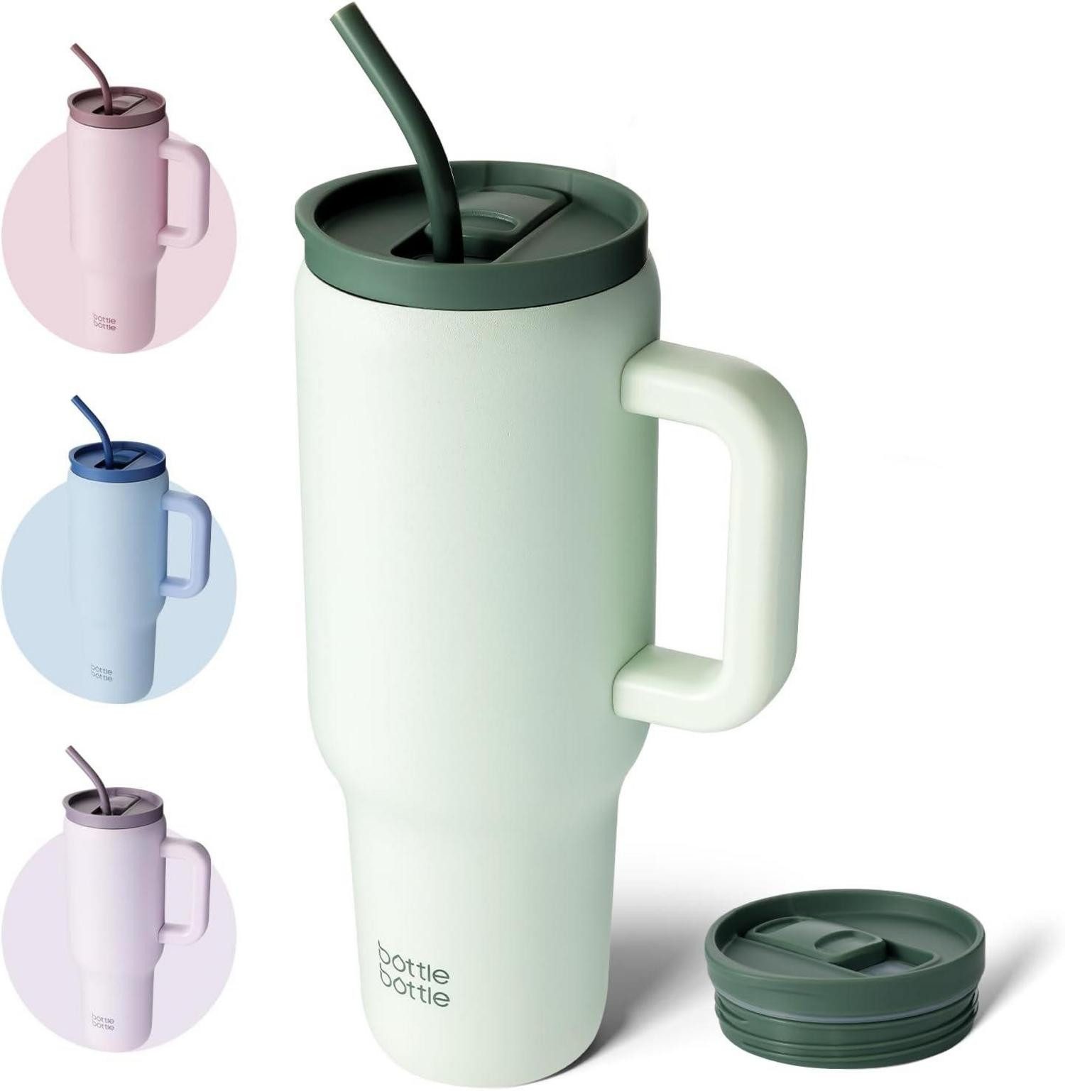 Thermobecher Isolierter Wasserbecher Edelstahl 40oz (1.1L) mit Griff und Strohhalm