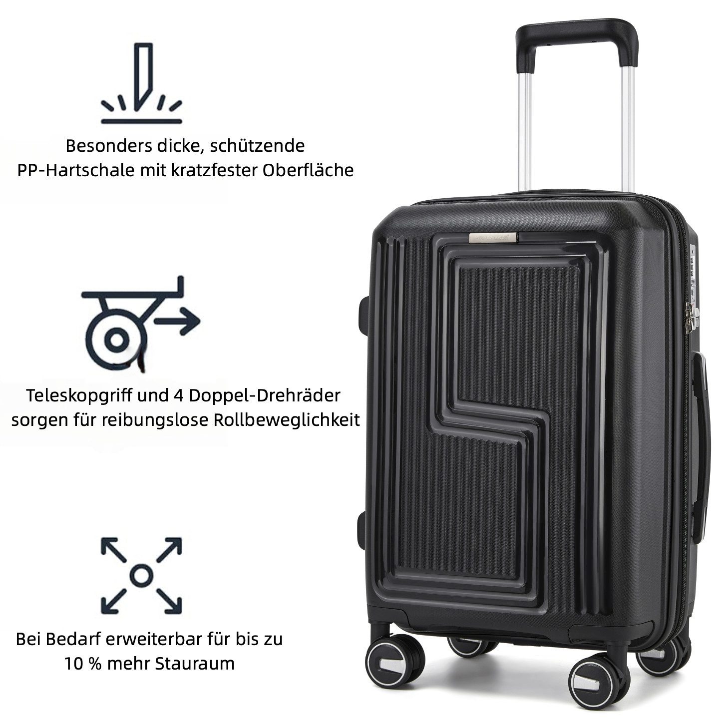 Super Solu Hartschalen-Trolley 20 Zoll Hartschalenkoffer aus PP-Kunststoff, Reisekoffer mit Dehnfalte, 4 Rollen, 360° drehbar, Handgepäck, Schwarz, leichter & robuster, TSA, Erweitbar