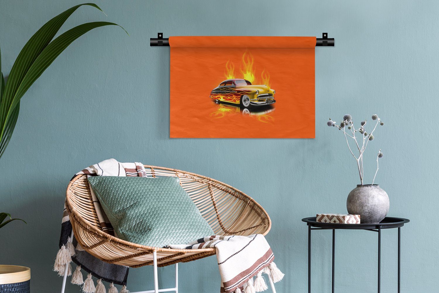 für Kinderzimmer Feuer Schlafzimmer, MuchoWow Wohnzimmer, Wanddekoobjekt - Wandbehang, - Kleid, Vintage, - Orange - Wanddeko Flammen Auto