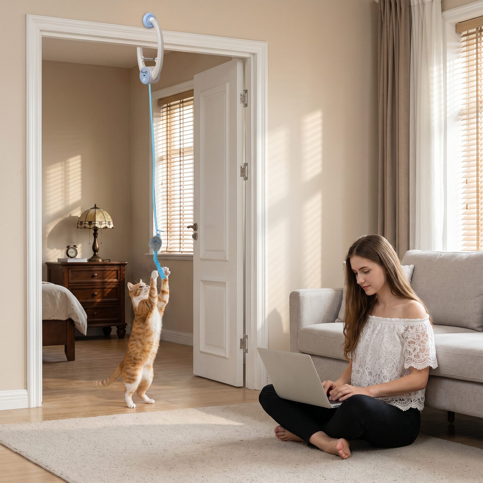 PawHut Tier-Intelligenzspielzeug Selbstbeschäftigung USB-Aufladbare Türhängende Hüpfende Maus, ABS, Interaktives Katzenspielzeug (1-tlg) für Katzen, 24,1 x 13,8 x 6,6 cm Weiß