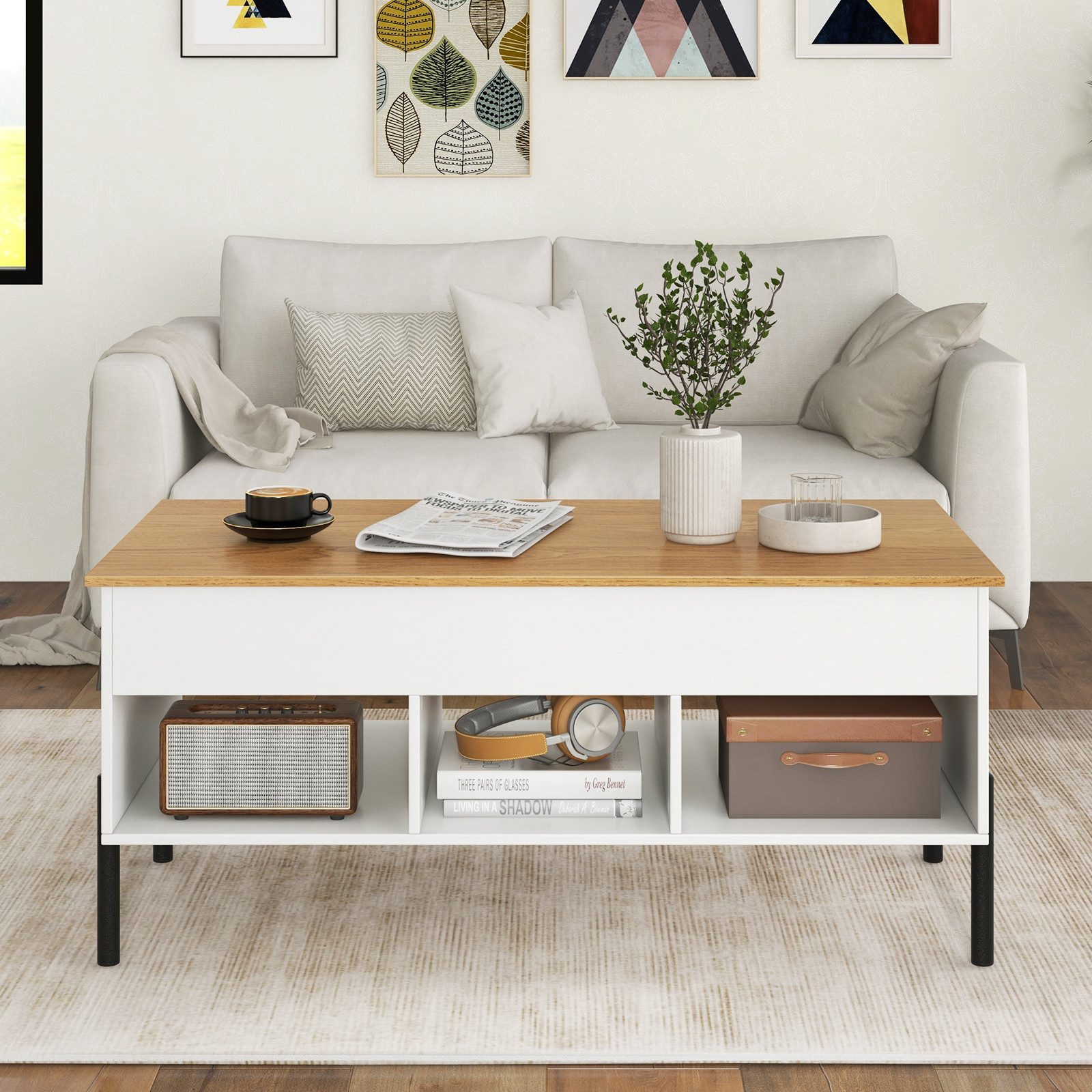COSTWAY Couchtisch Wohnzimmertisch höhenverstellbar, mit Stauraum, Holz – Bild 2 von 5