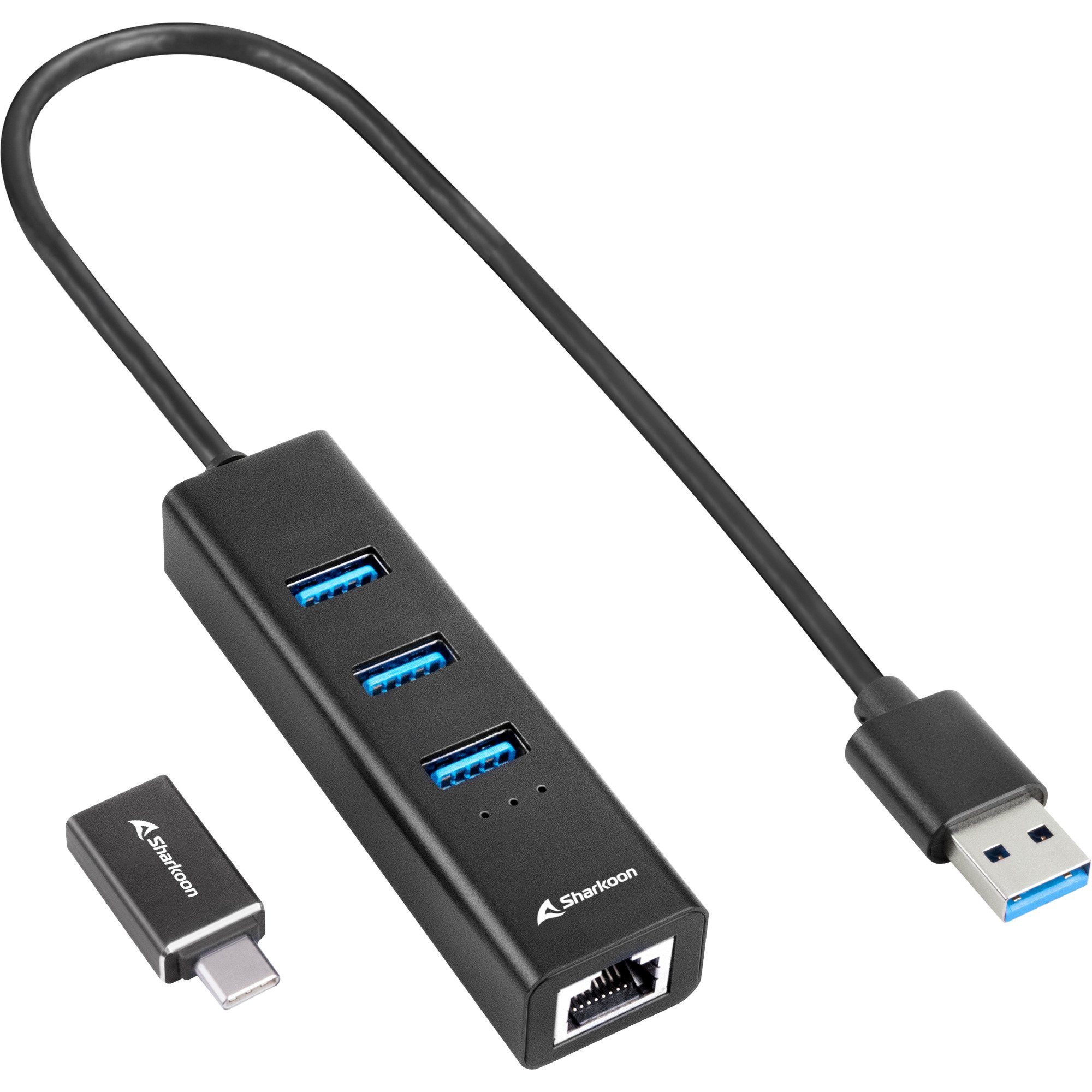 Laptop-Dockingstation Sharkoon 3-Port USB 3.2 Gen 1 Alu Hub + Ethernet