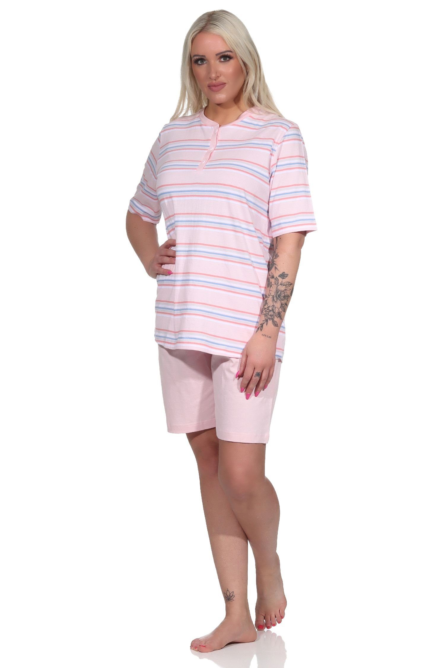 Normann Pyjama rosa Streifen kurzarm Pyjama in Shorty Schlafanzug Damen pastellfarbenen