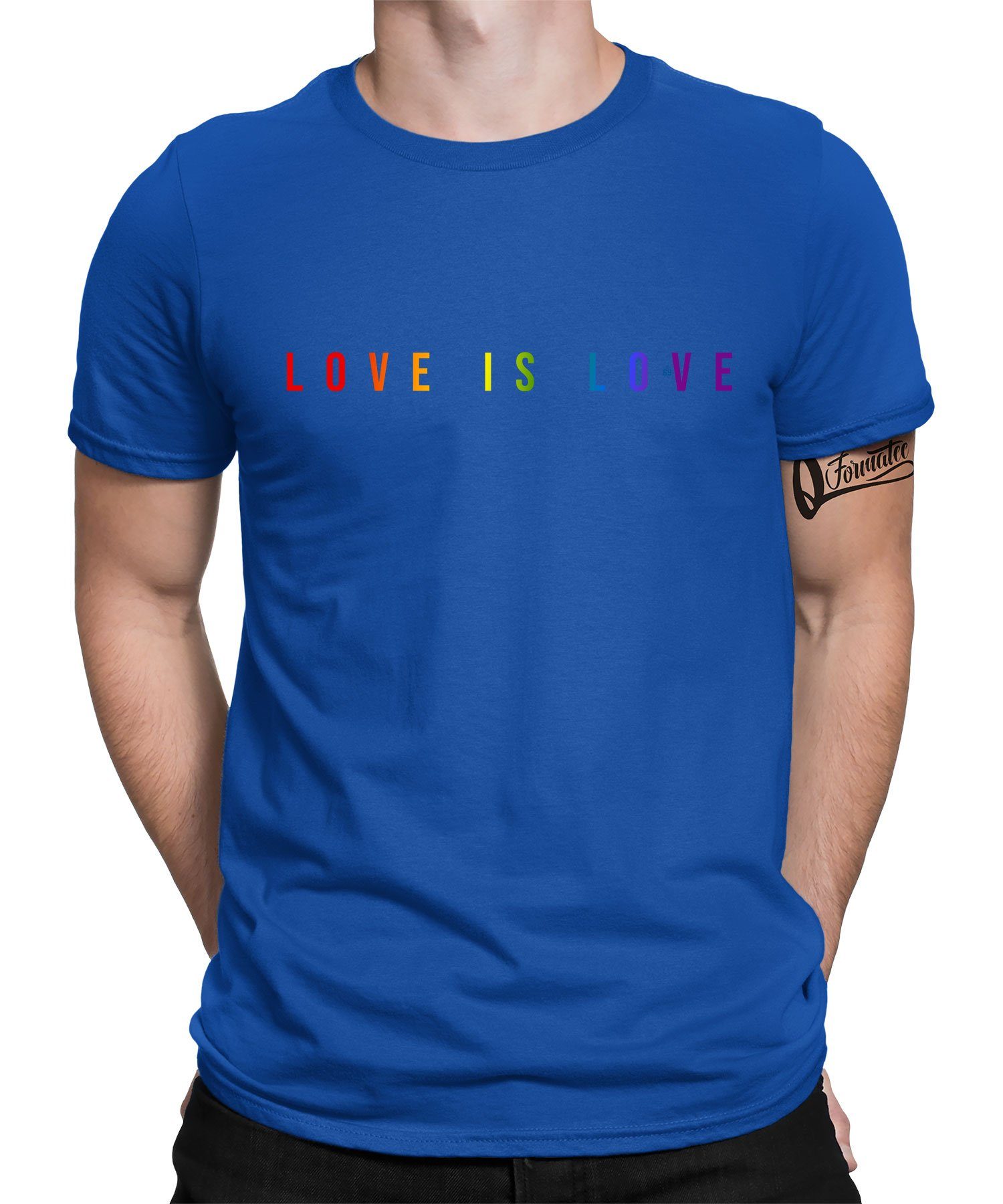 Quattro Formatee Kurzarmshirt Love is Gay - Herren Regenbogen LGBT Stolz Pride Blau (1-tlg) T-Shirt Love