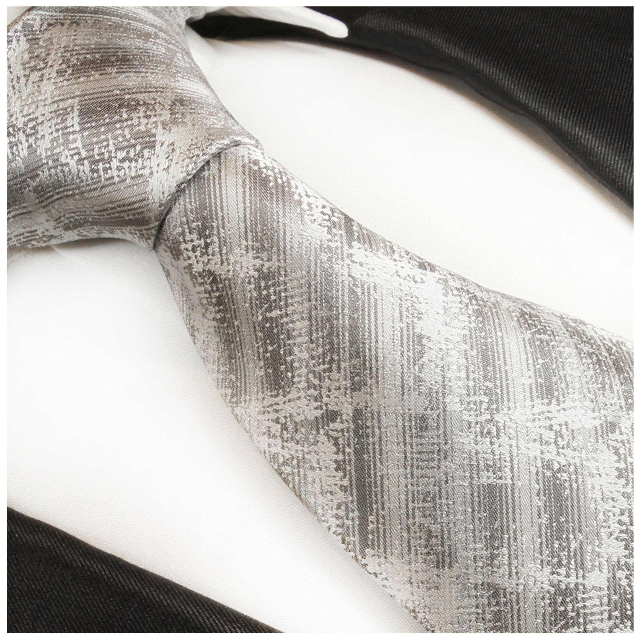 Krawatte Seidenkrawatte mit Einstecktuch) Tuch Schmal mit 2017 (6cm), Malone Seide 2-St., 100% Krawatte Herren weiß Moderne gestreift Paul grau (Set,