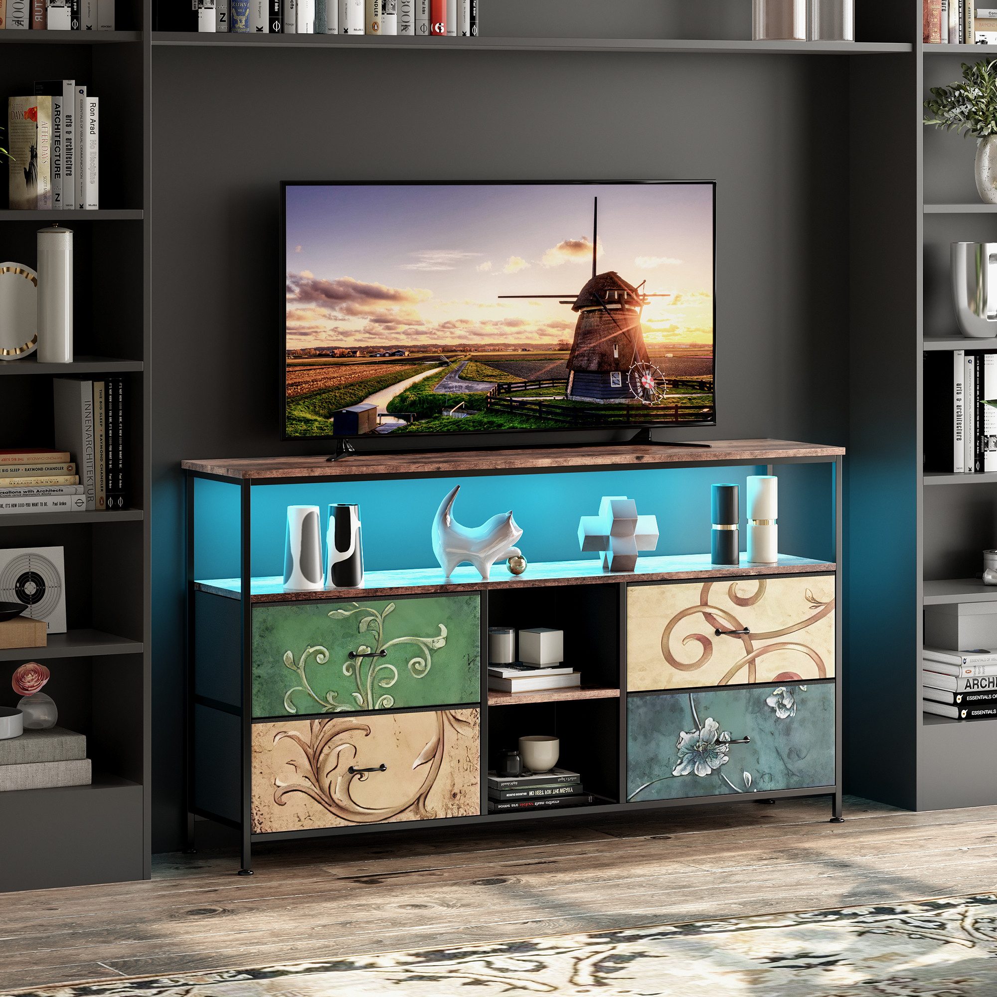 Simurq TV-Schrank Vintage TV Lowboard mit LED Licht, 4 Stoffschubladen & offenen Regalen (Einzelpaket,Vintage Media Console für Wohnzimmer, Fernsehtisch mit Stoffschubladen, TV-Bank aus Metall und Holz) LED-Beleuchtung,Stoffschubladen,Offene Ablageflächen,Metall-Holz