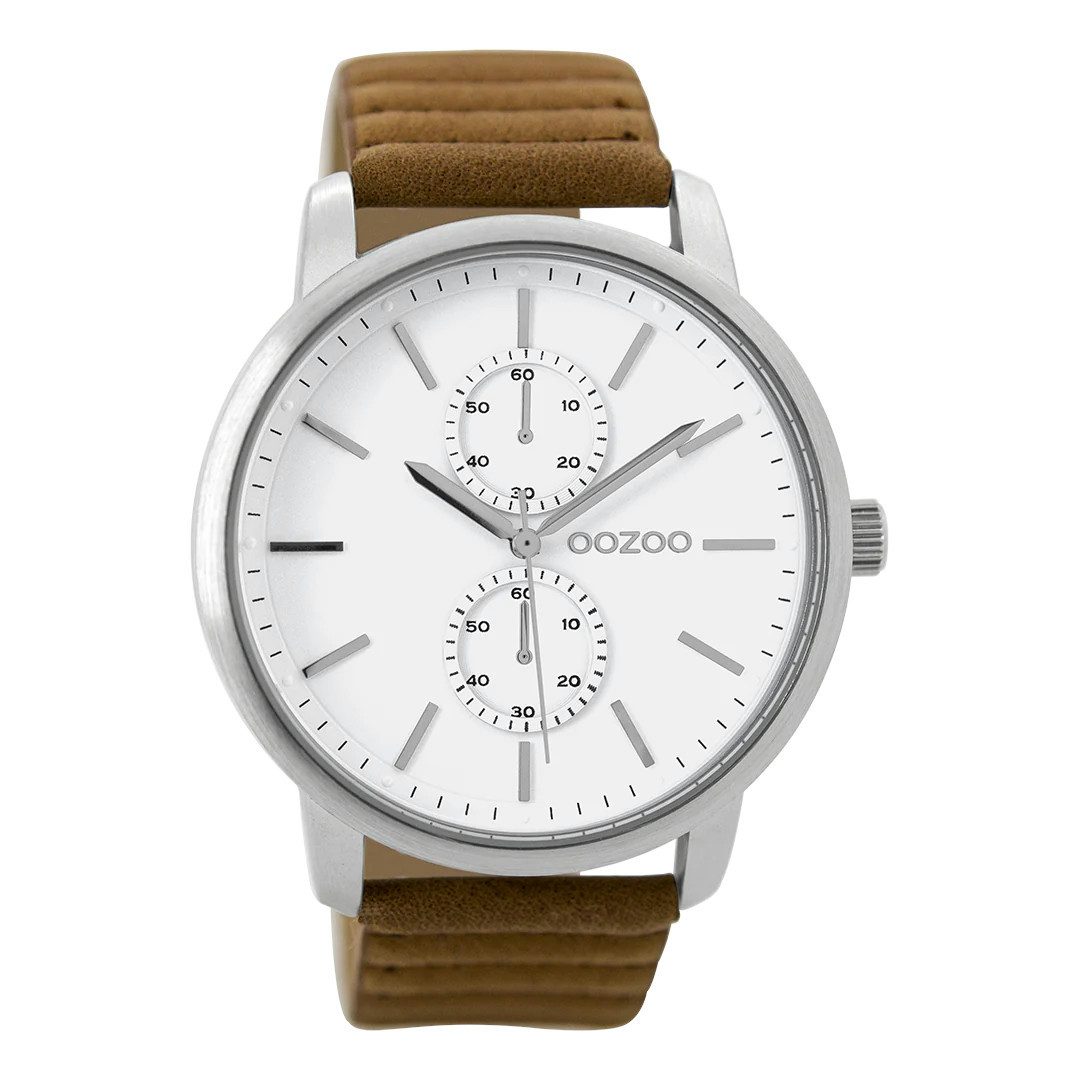 OOZOO Quarzuhr Herrenuhr C9451 – Elegantes Design, Quarzwerk, Weißes Zifferblatt, Braunes Lederarmband, 45 mm Gehäuse
