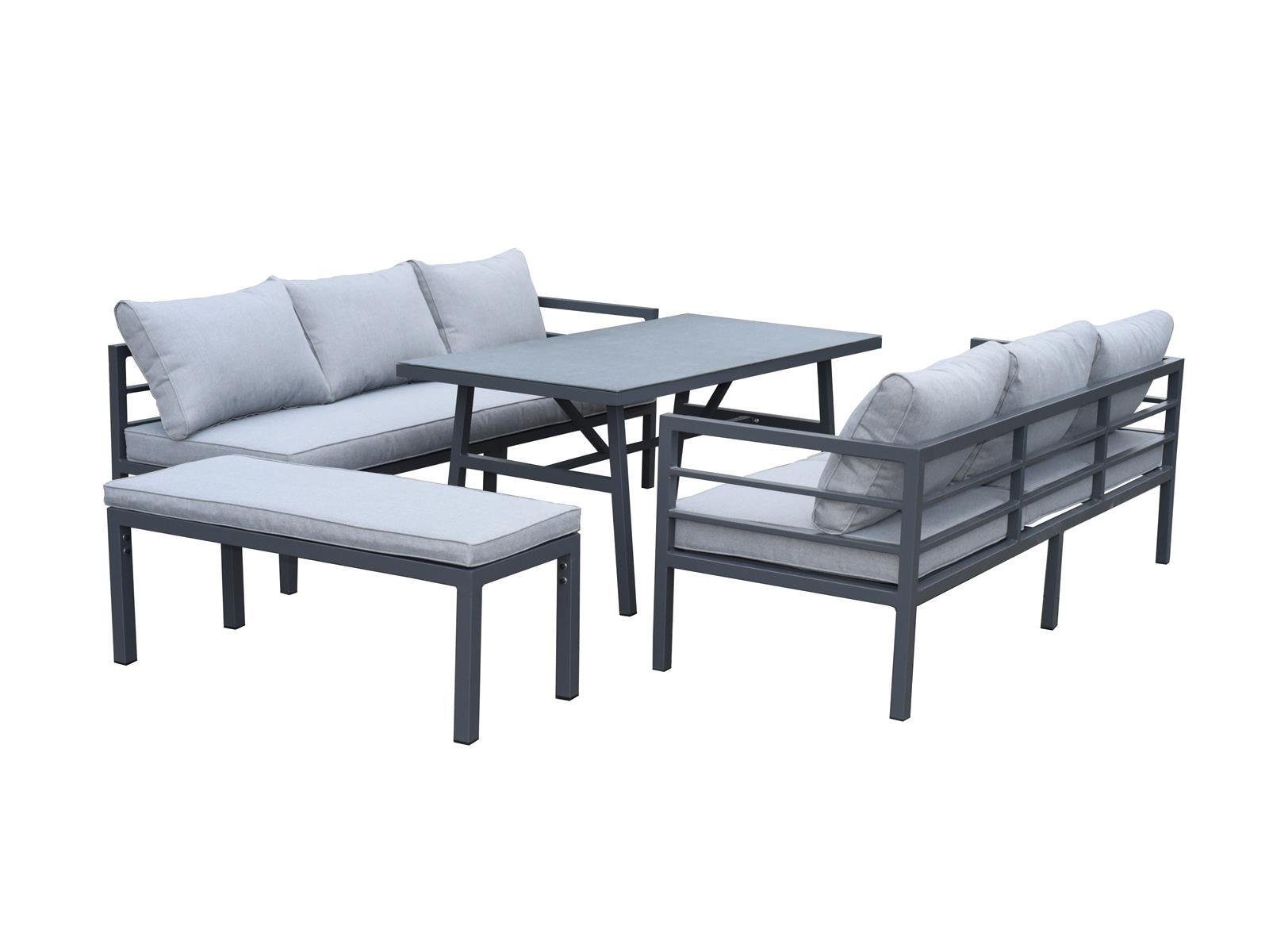 bellavista - Home&Garden® Gartenlounge-Set »Maia« Lounge Set Ecklounge Loungemöbel Essgruppe Gartenmöbel Garnitur, (Set, 4-tlg., 2 3-Sitzer Sofas, 1 Bank, 1 Tisch, inkl. Kissen), grau, Aluminium, für 8 Personen, wetterfest, Garten, Terrasse, Outdoor