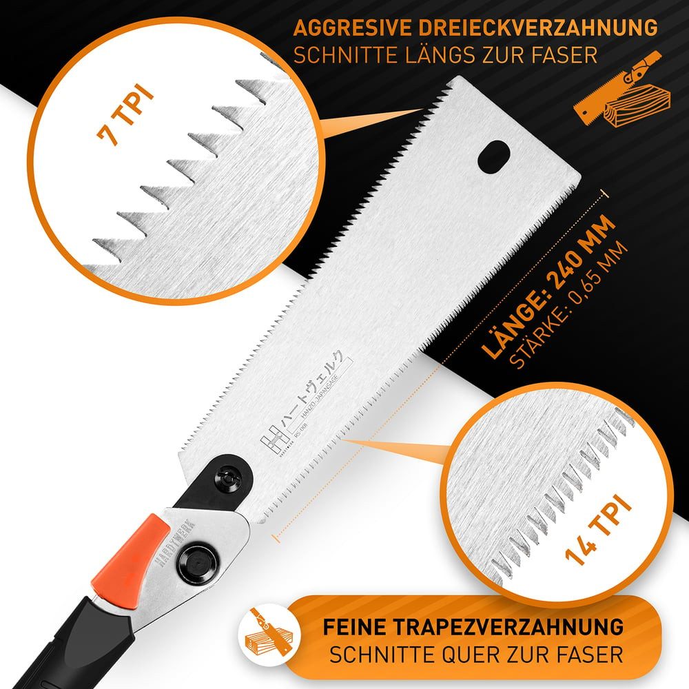 Hardtwerk® Japansäge Ryoba SK4 Karbonstahl doppelseitig, japanische Säge Feinsäge für Holz Zugsäge Holzsäge Heimwerker