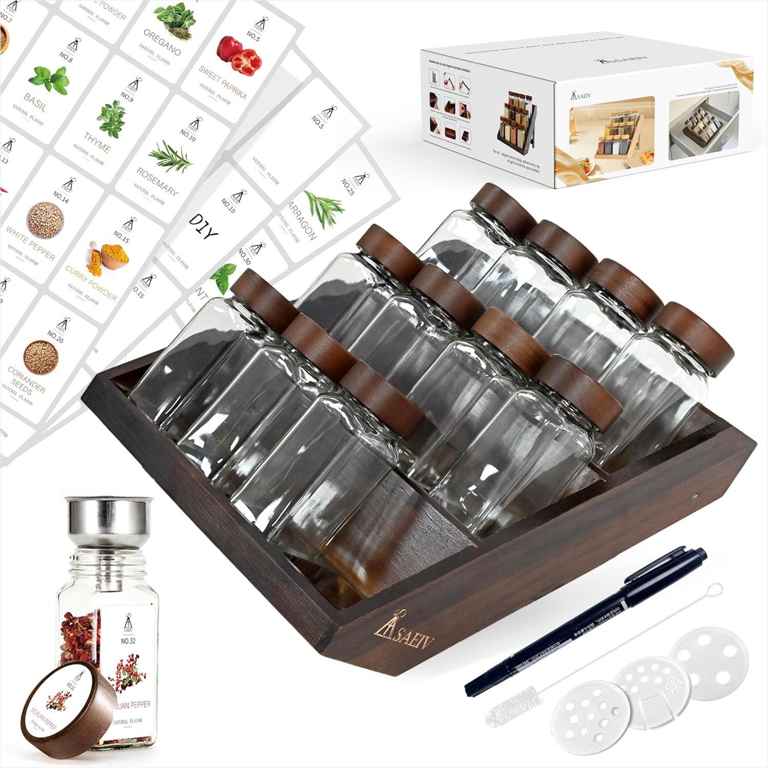 KingLux Gewürzbehälter Gewürz Organizer Akazien Holz mit 12x120ml gewürzgläser eckig, (12-tlg)