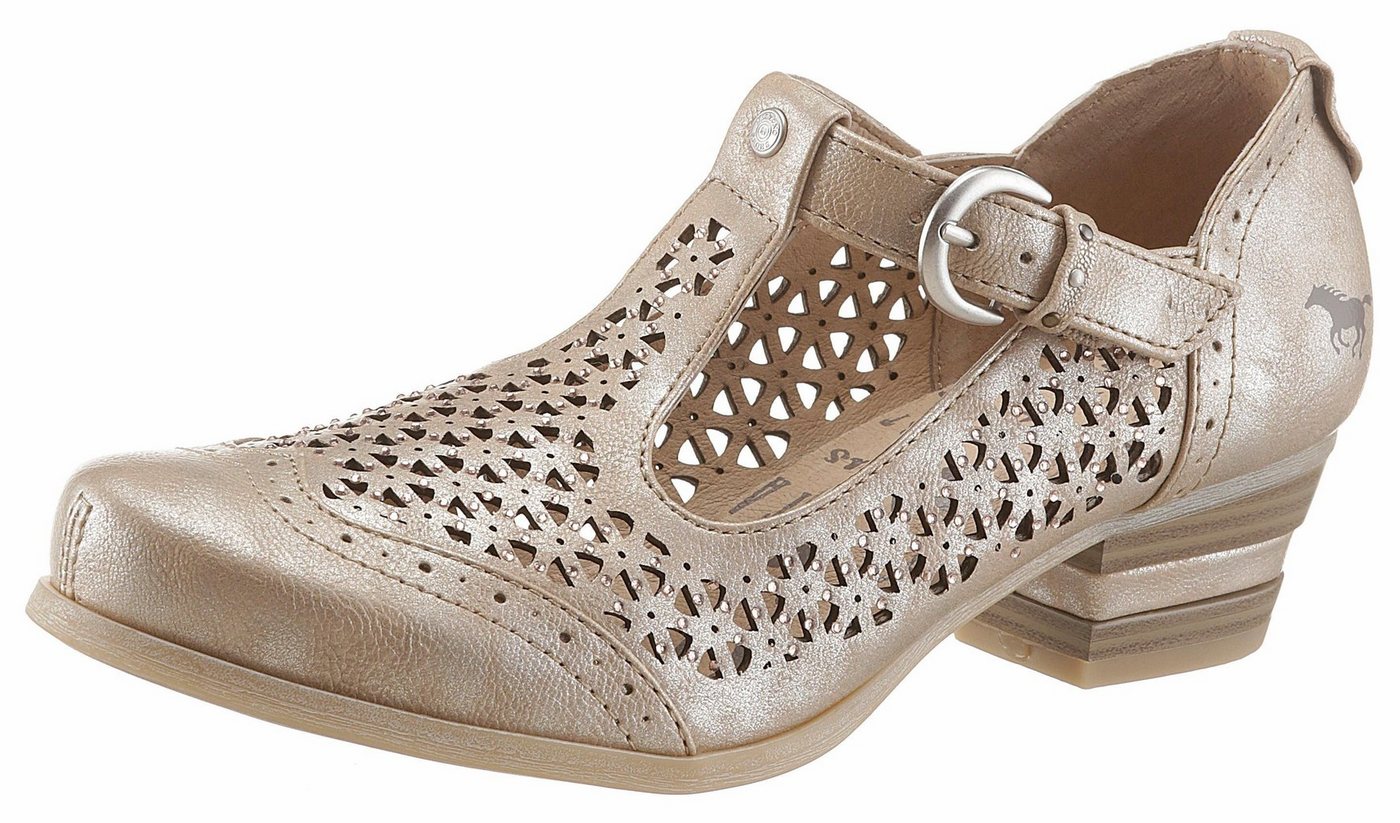 Mustang Shoes T-Strap Pumps mit Strass-Steinchen und Lyralochung Mustang Shoes T-Strap Pumps mit Strass-Steinchen und Lyralochung