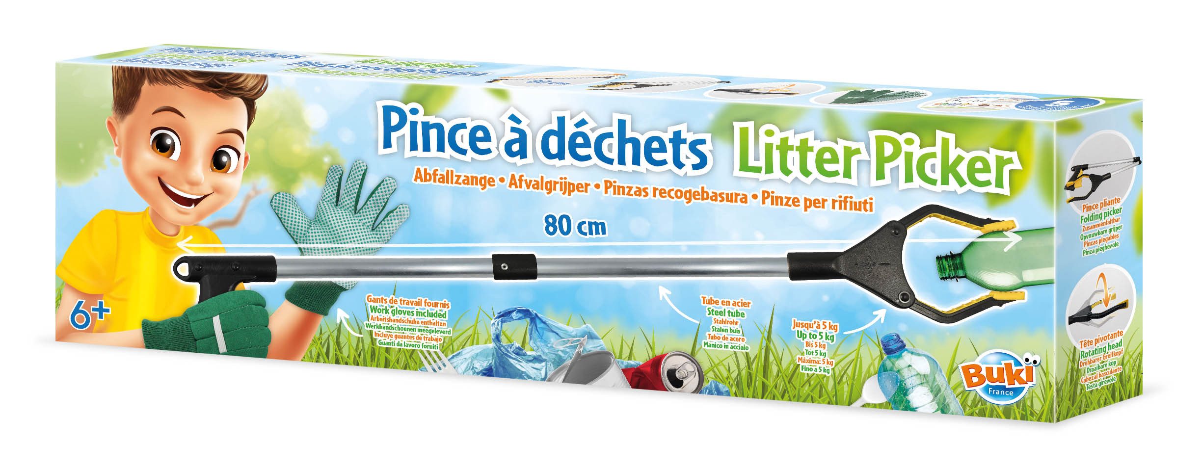 Buki France Gartenpflege-Set BUKI Abfallzange mit Greifkopf und Handschuhen für Kinder ab 6