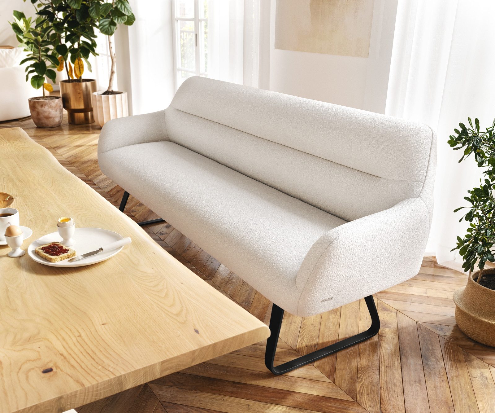 DELIFE Essbank Taya-Flex, 200 cm Kufengestell flach Schwarz Bouclé Creme-Weiß Taschenfederkern E