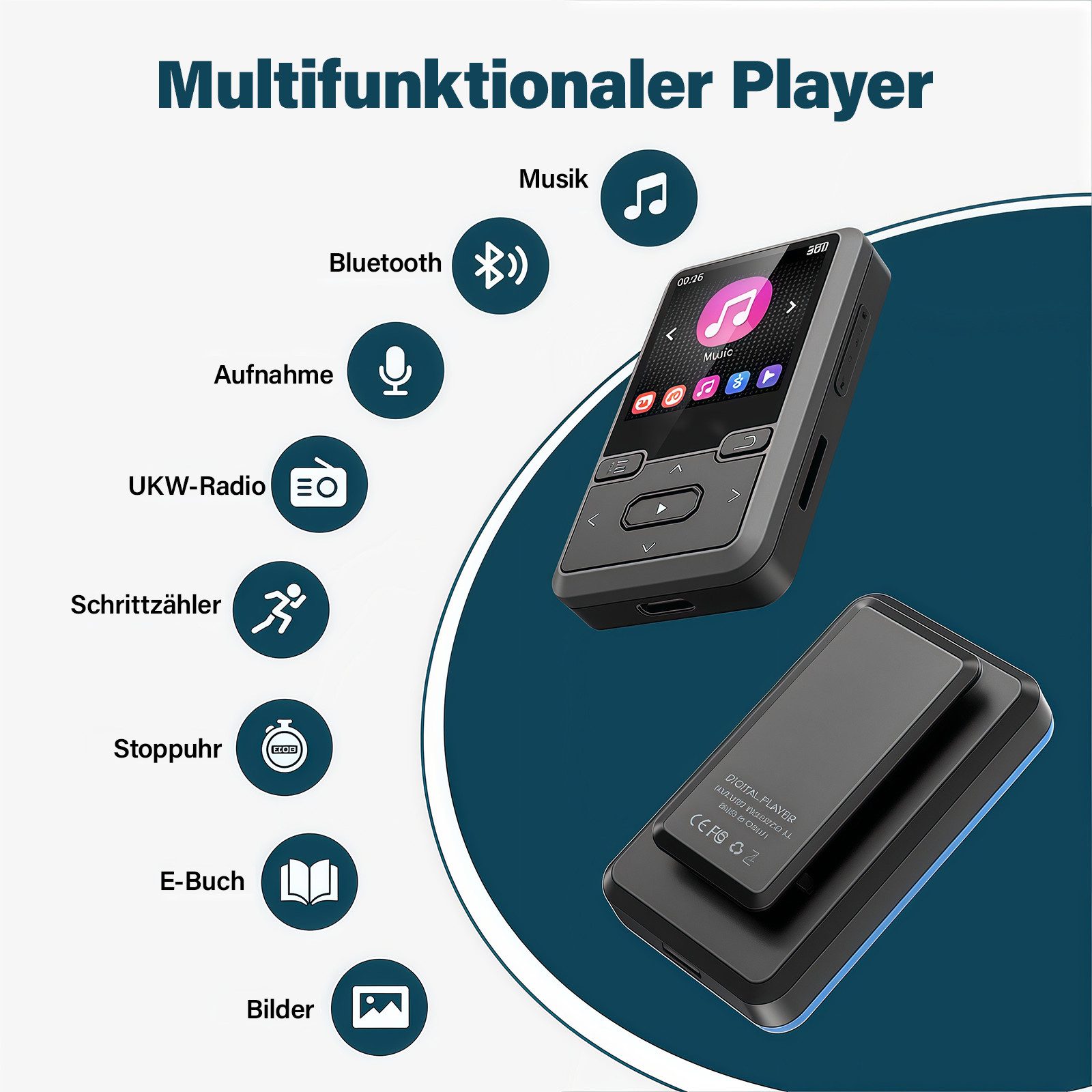 MOPUEA 64GB Clip-MP3-Player Multifunktional mit Bluetooth 5.0,Schrittzähler MP3-Player (64 GB Speicher, Bluetooth 5.0, Clip, HiFi, FM, 21 Std. Laufzeit)