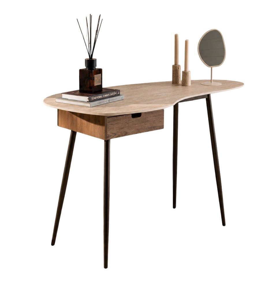Maison ESTO Schminktisch Konsolentisch VELORA 127 cm mit Keramikplatte in Travertinoptik, Organische Form mit Schublade