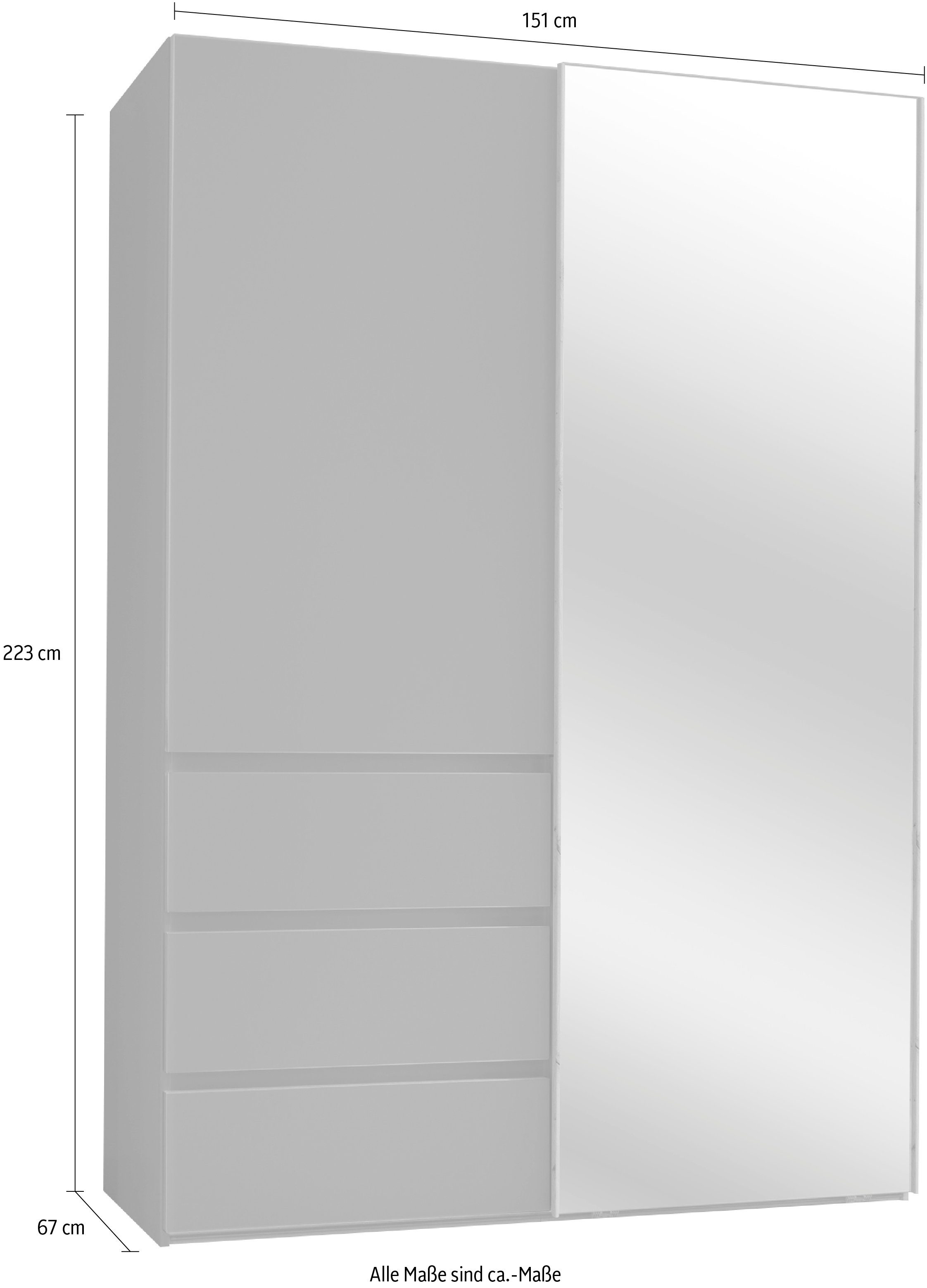 rauch Schwebetürenschrank Yubari grifflose Front, Selbsteinzug Seidengrau mit Schubkästen und Dämpfung