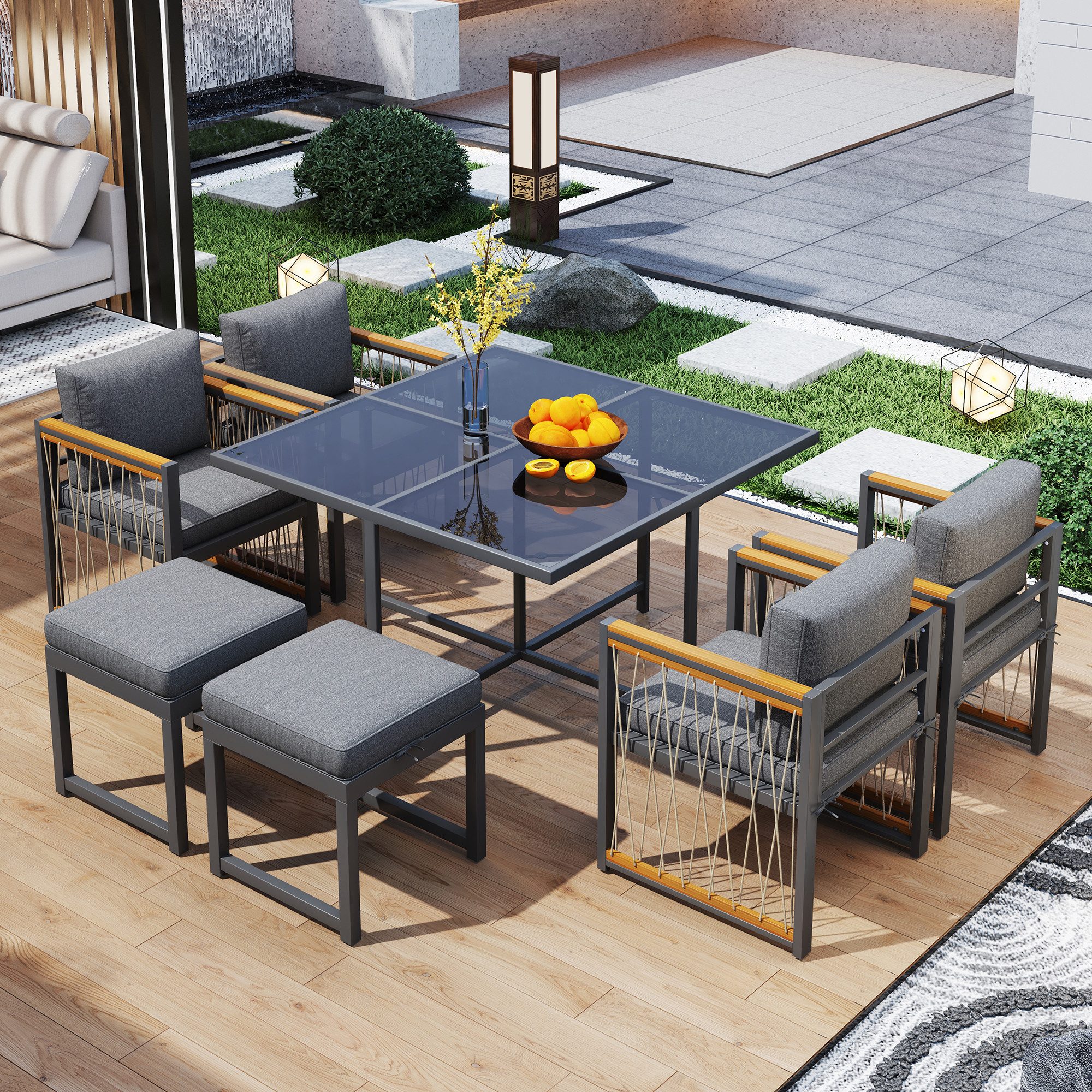 Refined Living Balkonset 7-tlg. Outdoor-Essgruppe, Gartenmöbel Set, Sitzgruppe für 6 Personen, (Tisch aus gehärtetem Glas, Handlaufplatte aus Akazienholz,Essgruppe Garten, Terrassenmöbel, Outdoor Möbel, Garten Esstisch Set, Stuhl Set wetterfest, Akazienholz Gartenmöbel,Rattanmöbel Set,Glastisch Garten,Terrassenmöbel,Garten Stühle Hocker, 7-tlg., Großzügiger Tisch,Wetterfest,langlebig,Hochwertige Materialien), für Mahlzeiten im Hinterhof,Gartenterrasse,Balkon,Terrasse,Outdoor
