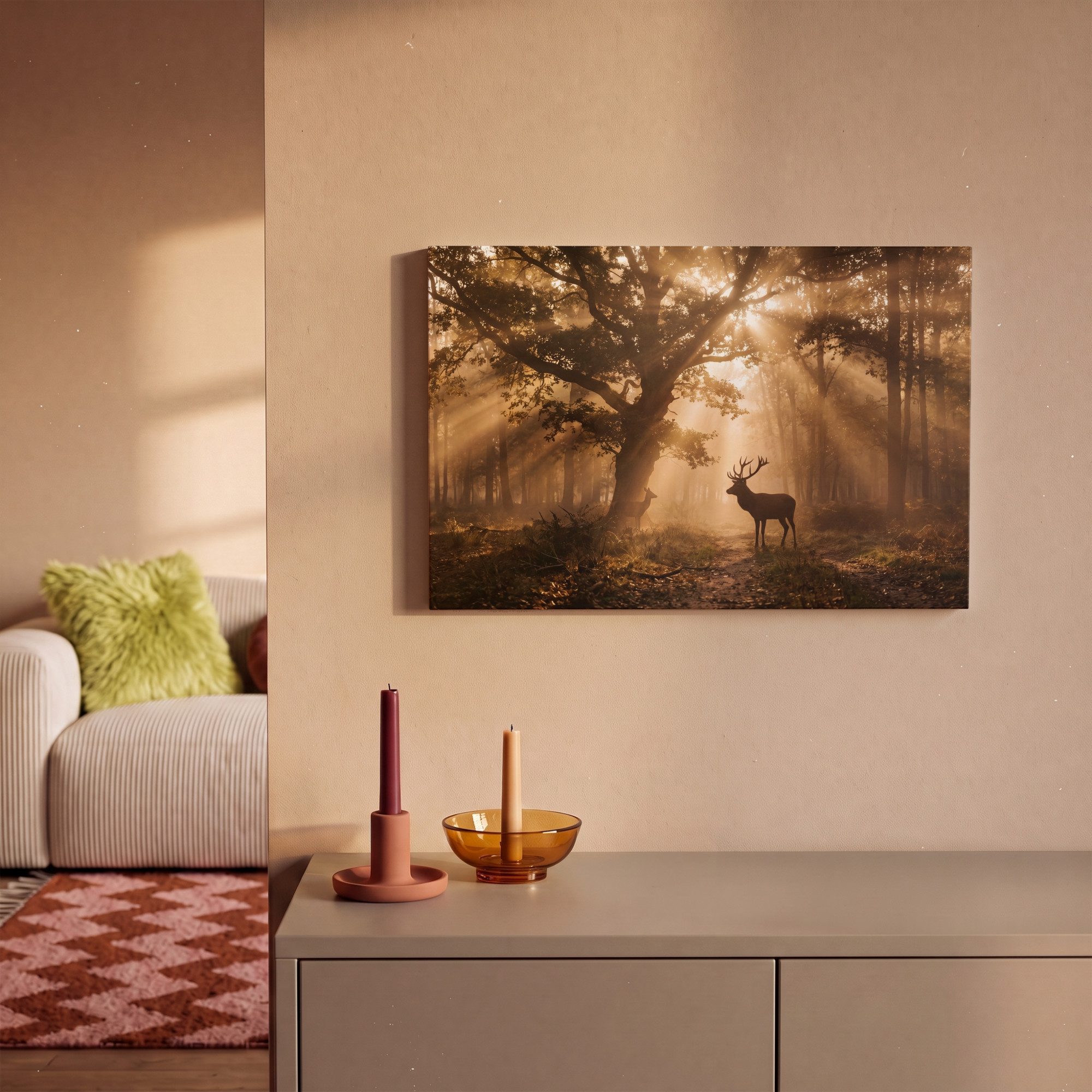 OneMillionCanvasses® Leinwandbild Hirsch - Wald - Neblig - Natur - Gold, Fotodruck (1 St), Leinwand Bilder Klein, Wand Dekoration Aesthetic 30x20 cm – Bild 2 von 5