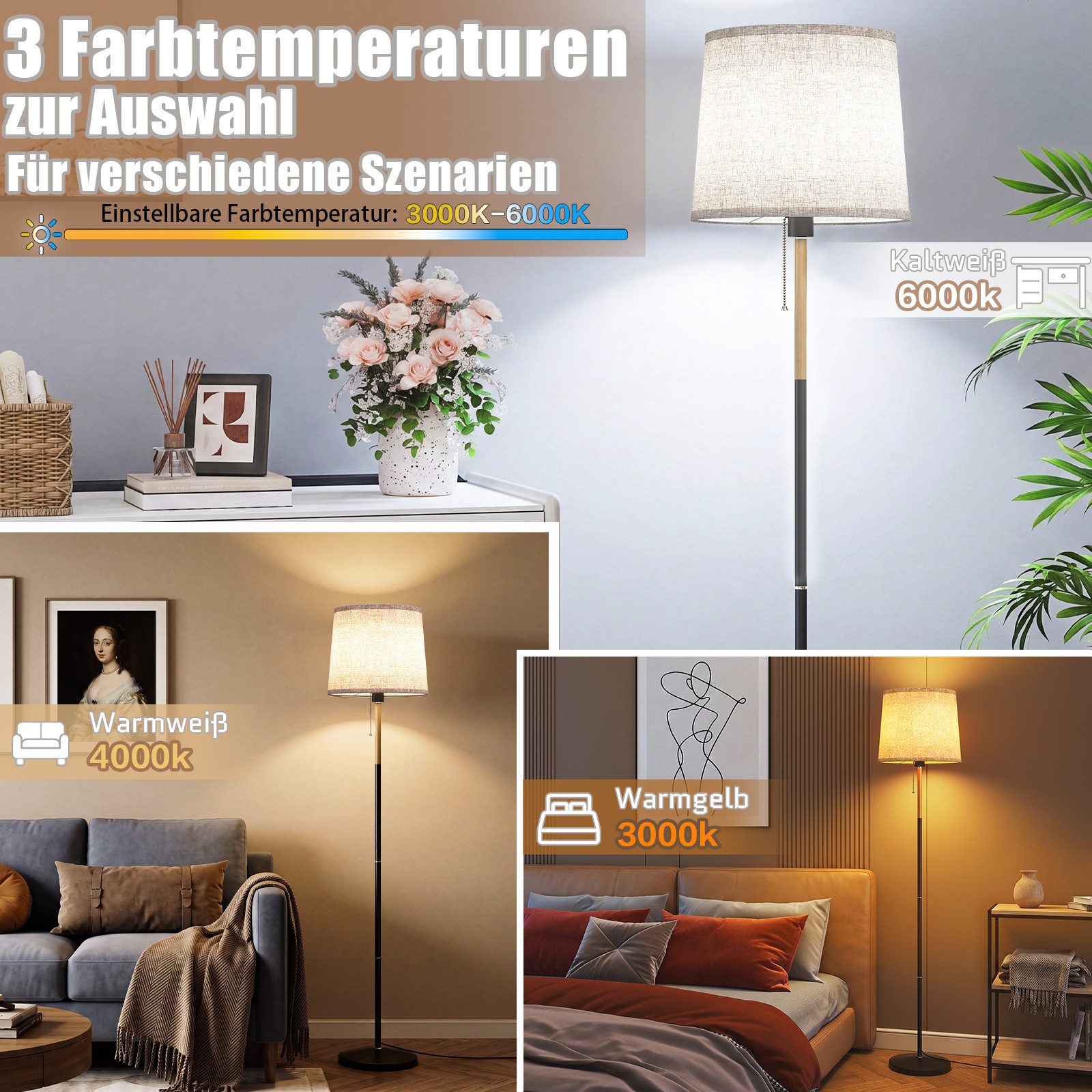 TLGREEN Stehlampe mit Smart LED-Birne & Fernbedienung, 170cm Hohe Standleuchte inkl. 9W LED, E27 Fassung, Für Wohnzimmer, Schlafzimmer, Büro