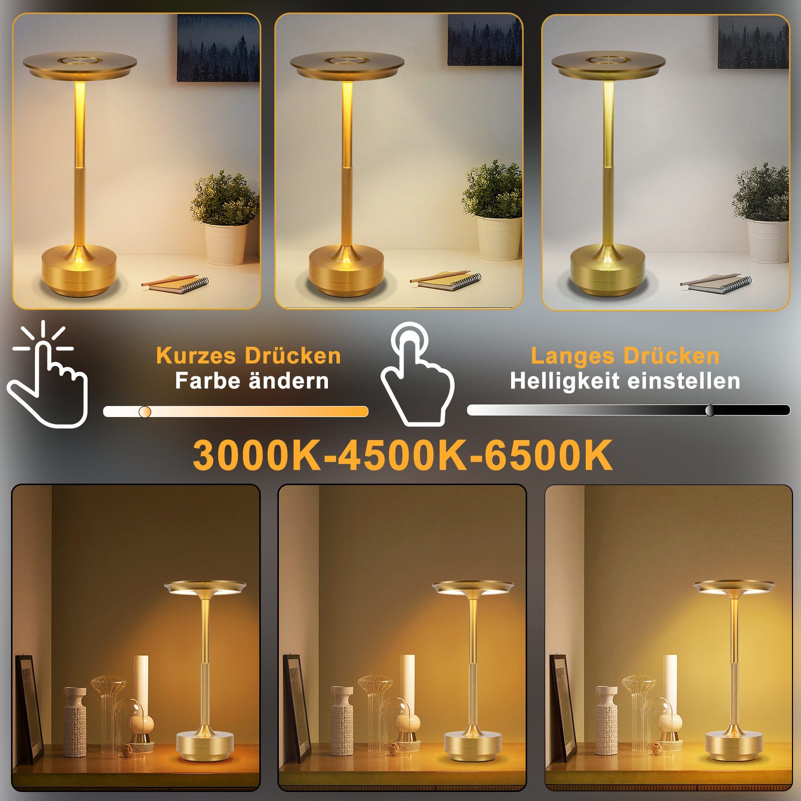 ZMH LED Tischleuchte Kabellos Nachttischlampe Touch Dimmbar Lampe Fensterbank Wohnzimmer, Augenschutz, Einfache Installtion, LED fest integriert, 3000-6500K, mehrere Helligkeitsstufen Akkulampe mit USB-Ladefunktion Kinderzimmer