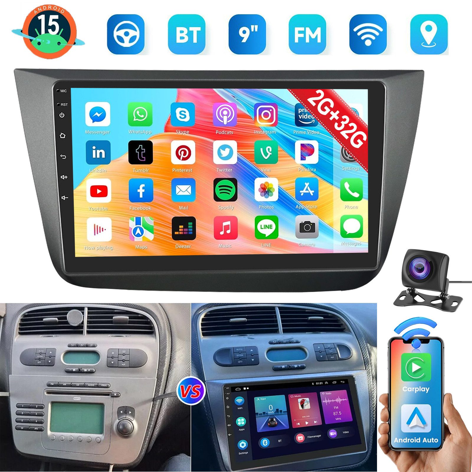 ESSGOO Für Seat Altea Toledo 2004-2015 Android15 mit CarPlay GPS Navi und RDS Autoradio (4+64GB(optional), FM, AM, DAB+ (optional), Carplay Android Auto Bluetooth EQ USB GPS Navi WIFI Touchscreen)