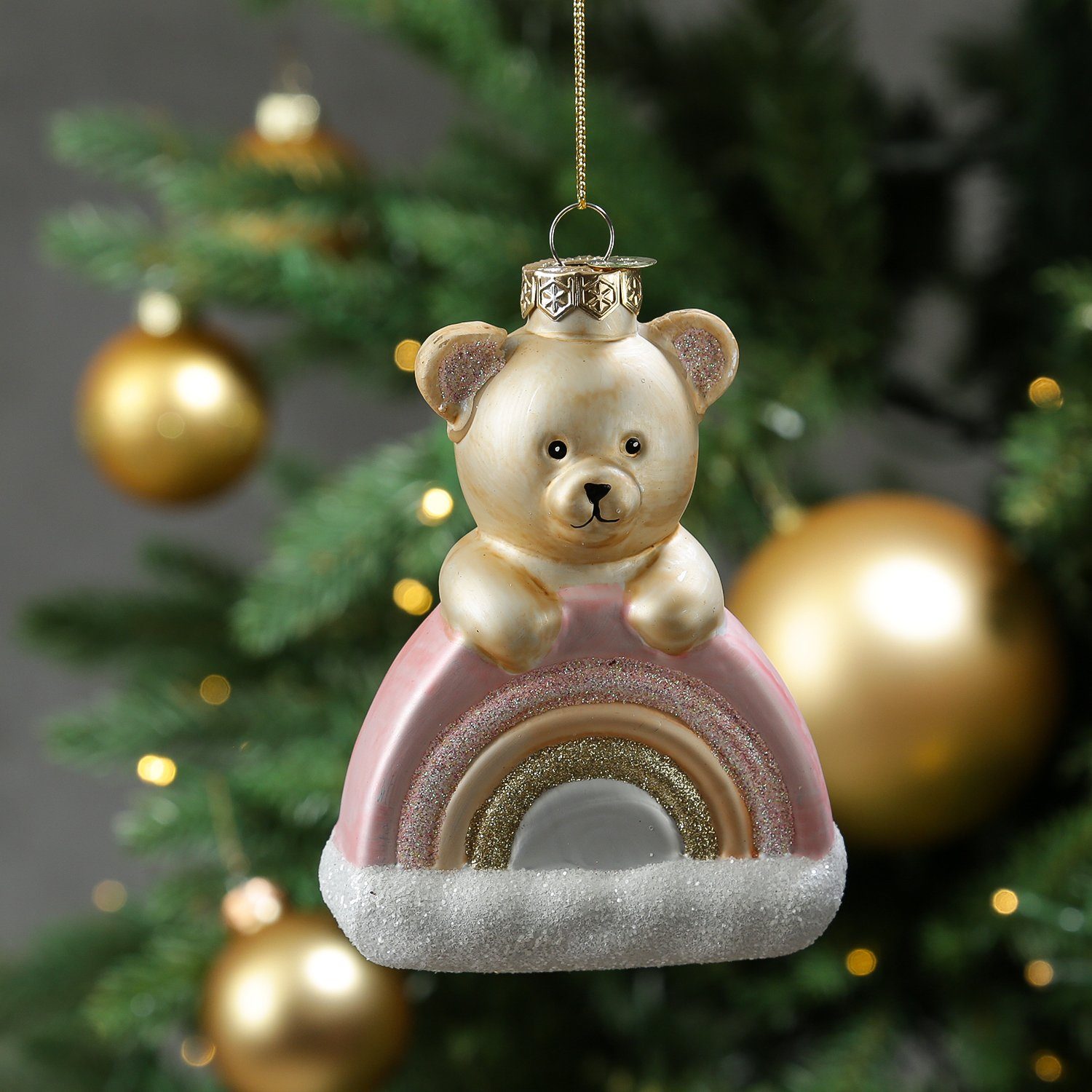 MARELIDA Teddybär rosa Weihnachtsbaumschmuck 13,5cm Glas Christbaumschmuck H: Regenbogen mit