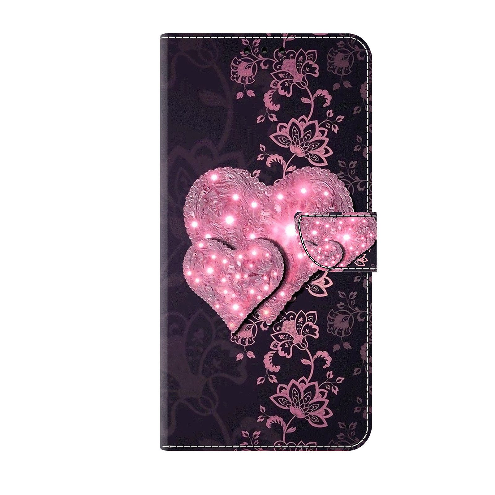 CLM-Tech Handytasche für Xiaomi Redmi Note 12 Pro 5G Hülle Tasche aus Kunstleder Klapphülle (schwarz rosa Herzen, Handyhülle Wallet Flip Case Cover Etui), Schutzhülle mit Standfunktion, Kartenfächer, und Magnetverschluss
