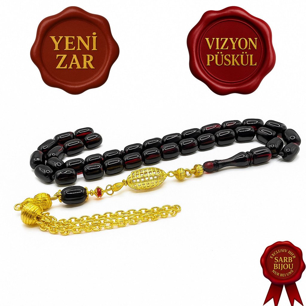 M-Punkt24 Kettenanhänger Tesbih Tespih (Rot - Schwarz, Kirmizi - Siyah, 7x11mm, Kapsül, Gebetskette, Subha, Misbah, inkl. Etui), Vizyon Püskül Gold-Farbig