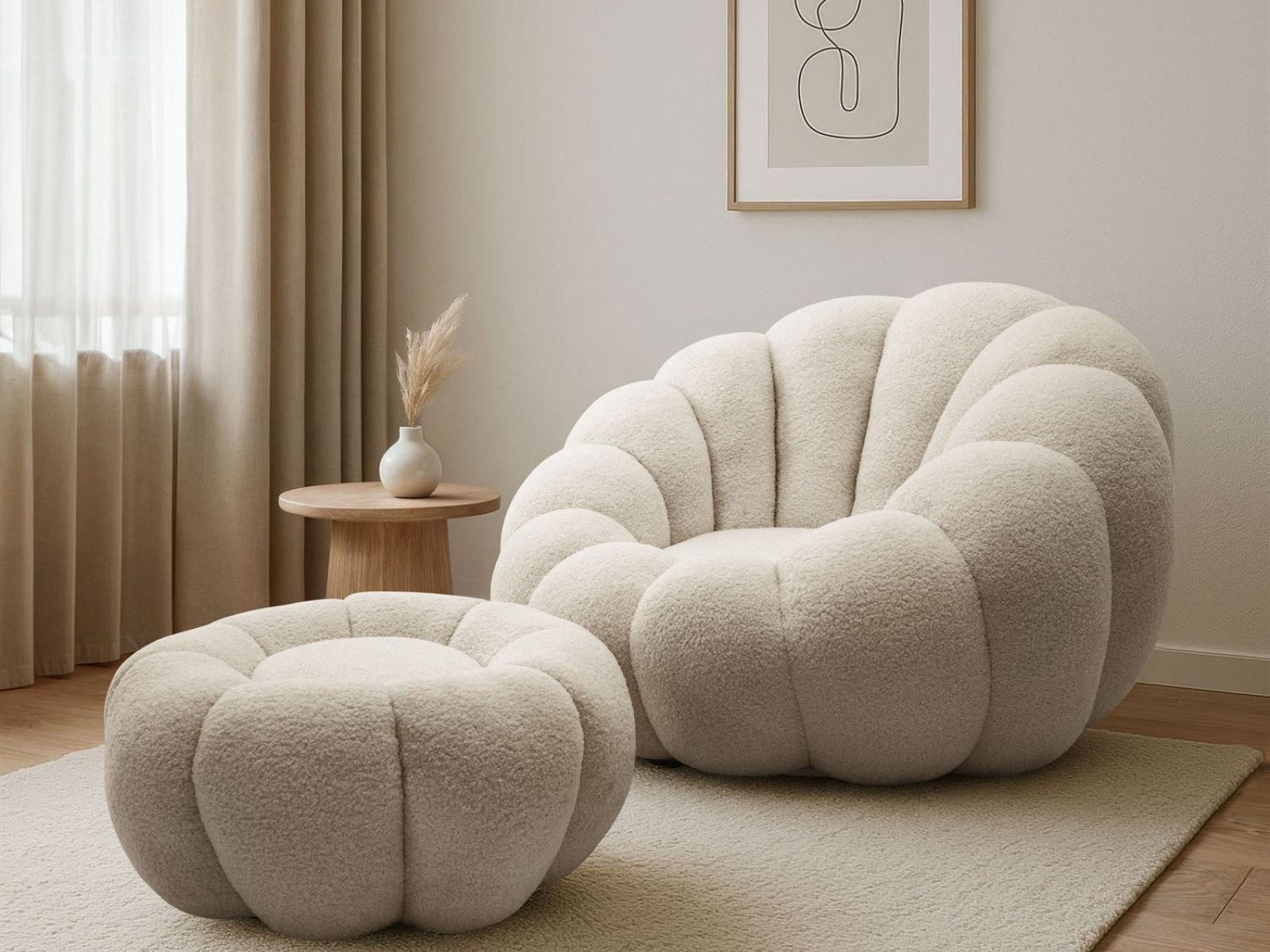 yourhouse24 Drehsessel ORIA, Boucle-Stoff, Sessel mit Fußstütze (Relaxsessel mit Hocker)