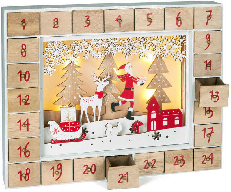 BRUBAKER befüllbarer Adventskalender Weihnachtskalender zum Befüllen - Kalender Weihnachten LED-Beleuchtung (Wiederverwendbar, 1-tlg), Holz Deko Weihnachtsmann im Wald 35,5 x 6 x 27 cm
