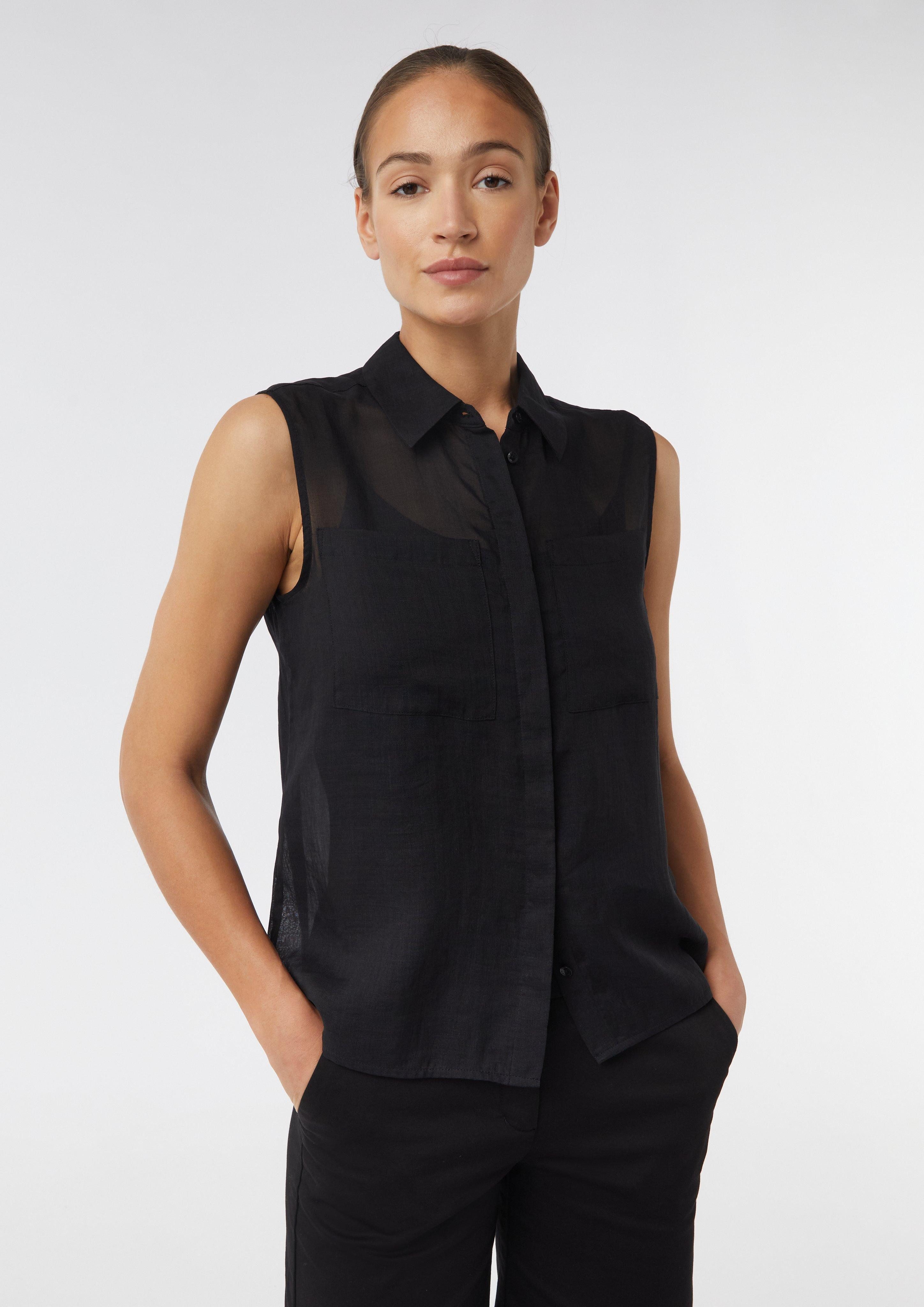 Blusentop Ärmellose Ramie-Bluse mit aufgesetzten Taschen