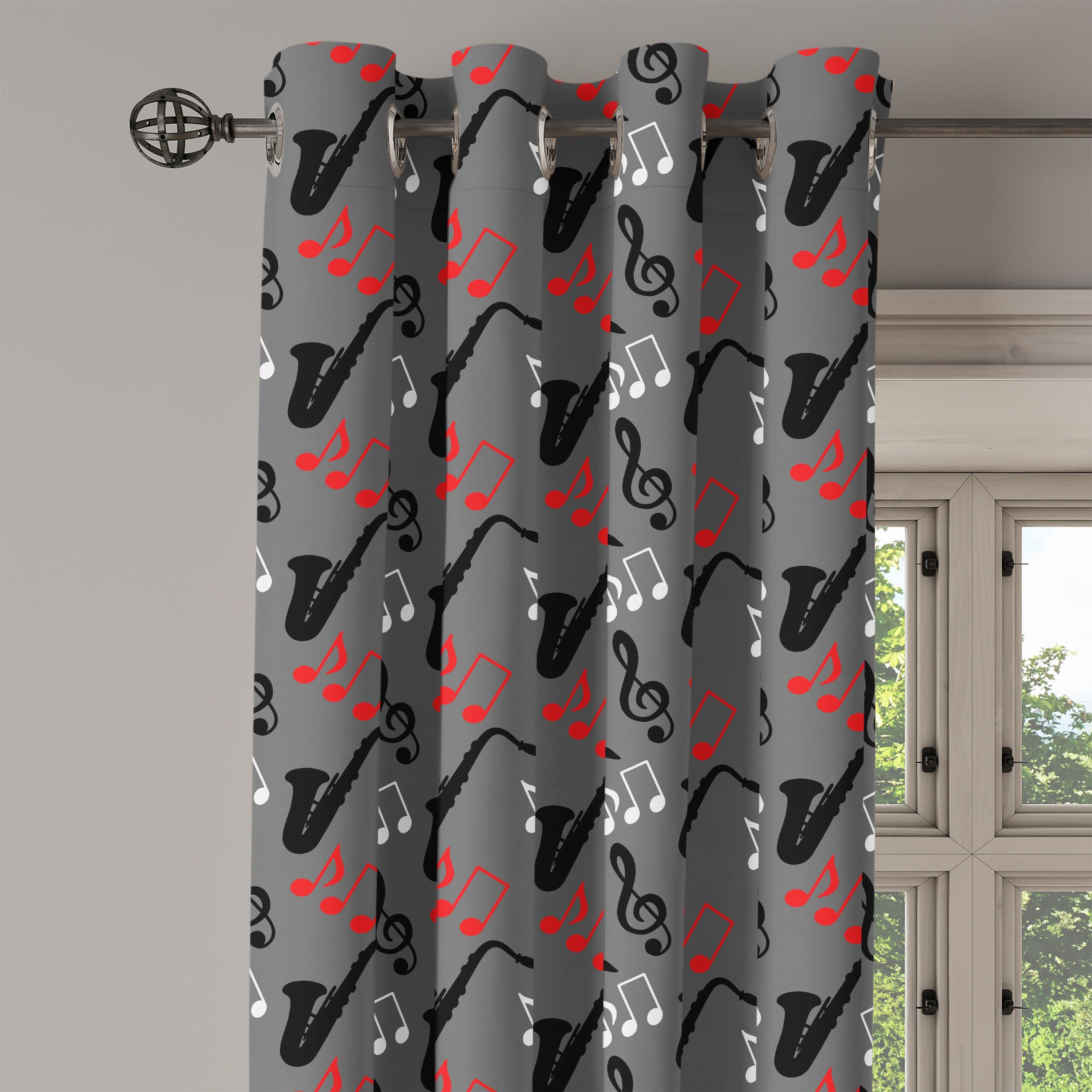 Gardine Dekorative 2-Panel-Fenstervorhänge für Wohnzimmer, Abakuhaus, Musik Saxophon Clef Jazz Hinweise Schlafzimmer