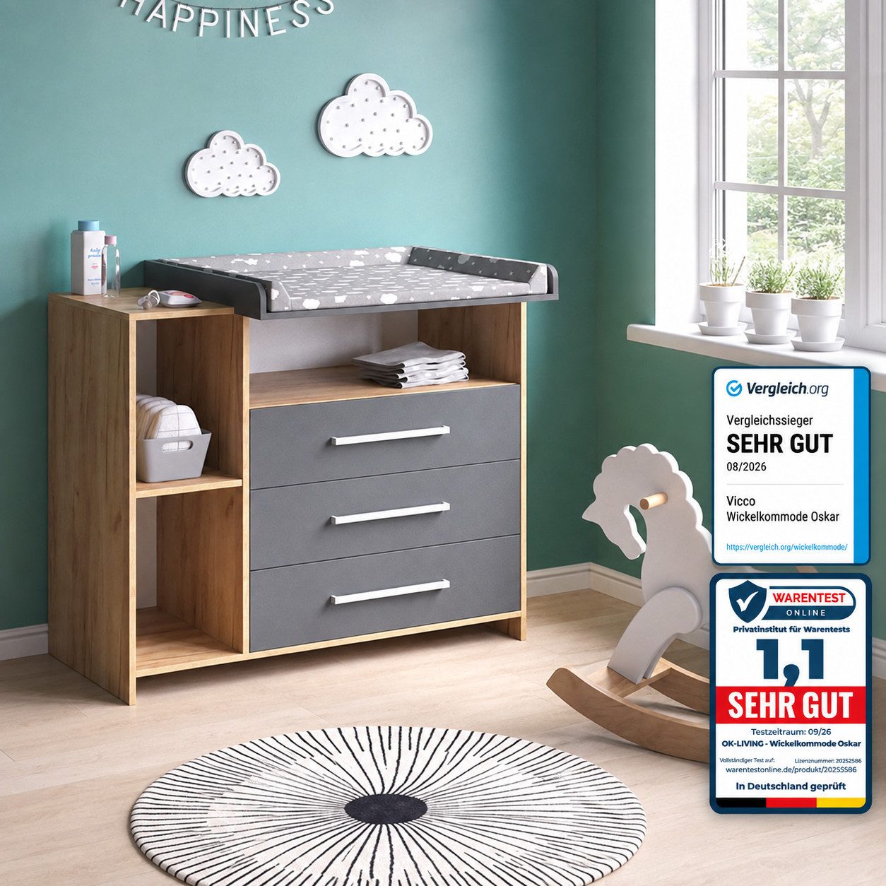 Vicco Wickelkommode Oskar, Anthrazit/Goldkraft Eiche, 113 x 93 cm mit 3 Schubladen