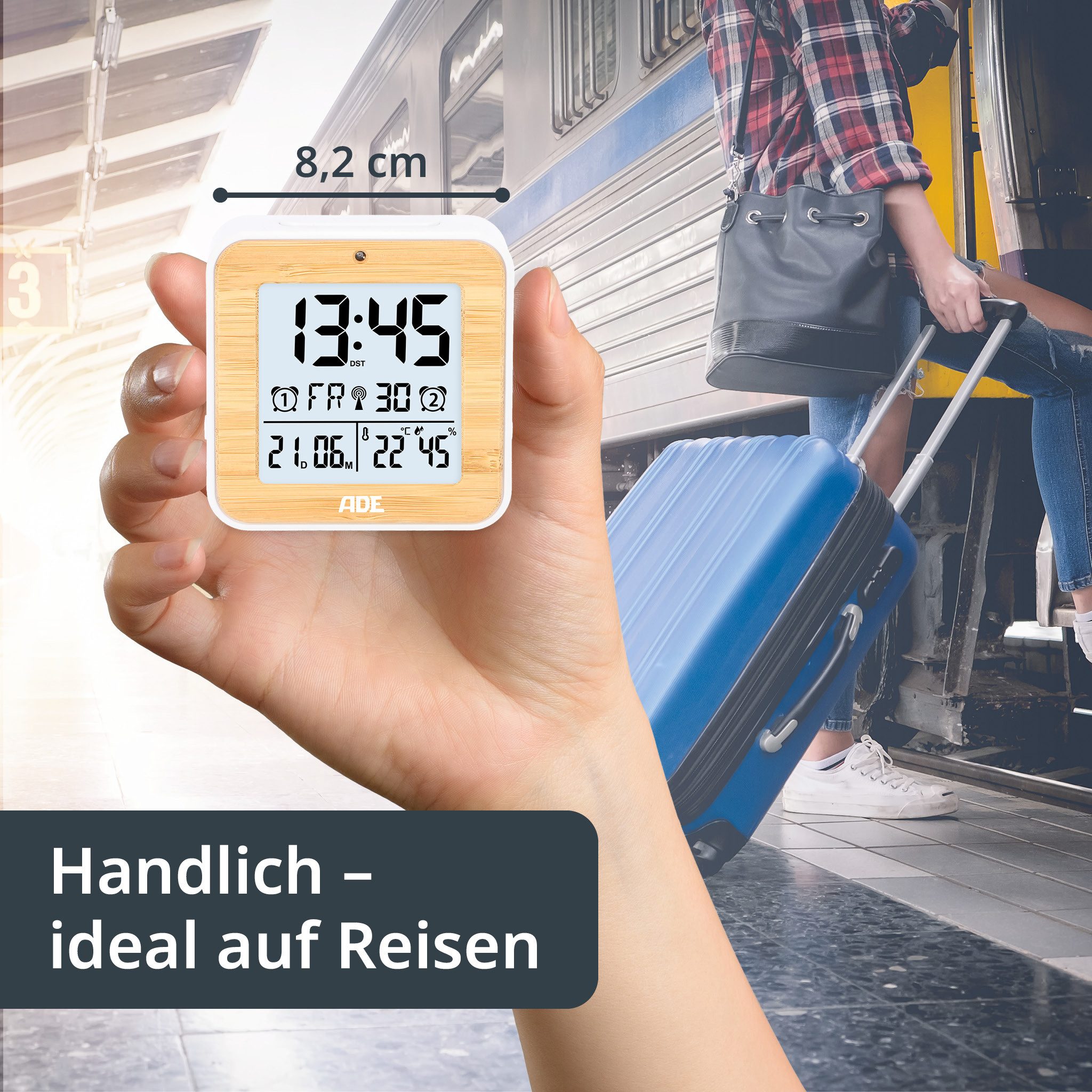 ADE Funkwecker Wecker digital funk mit Temperatur und Luftfeuchtigkeit automatischer Lichtsensor, 2 Weckzeiten, Schlummerfunktion