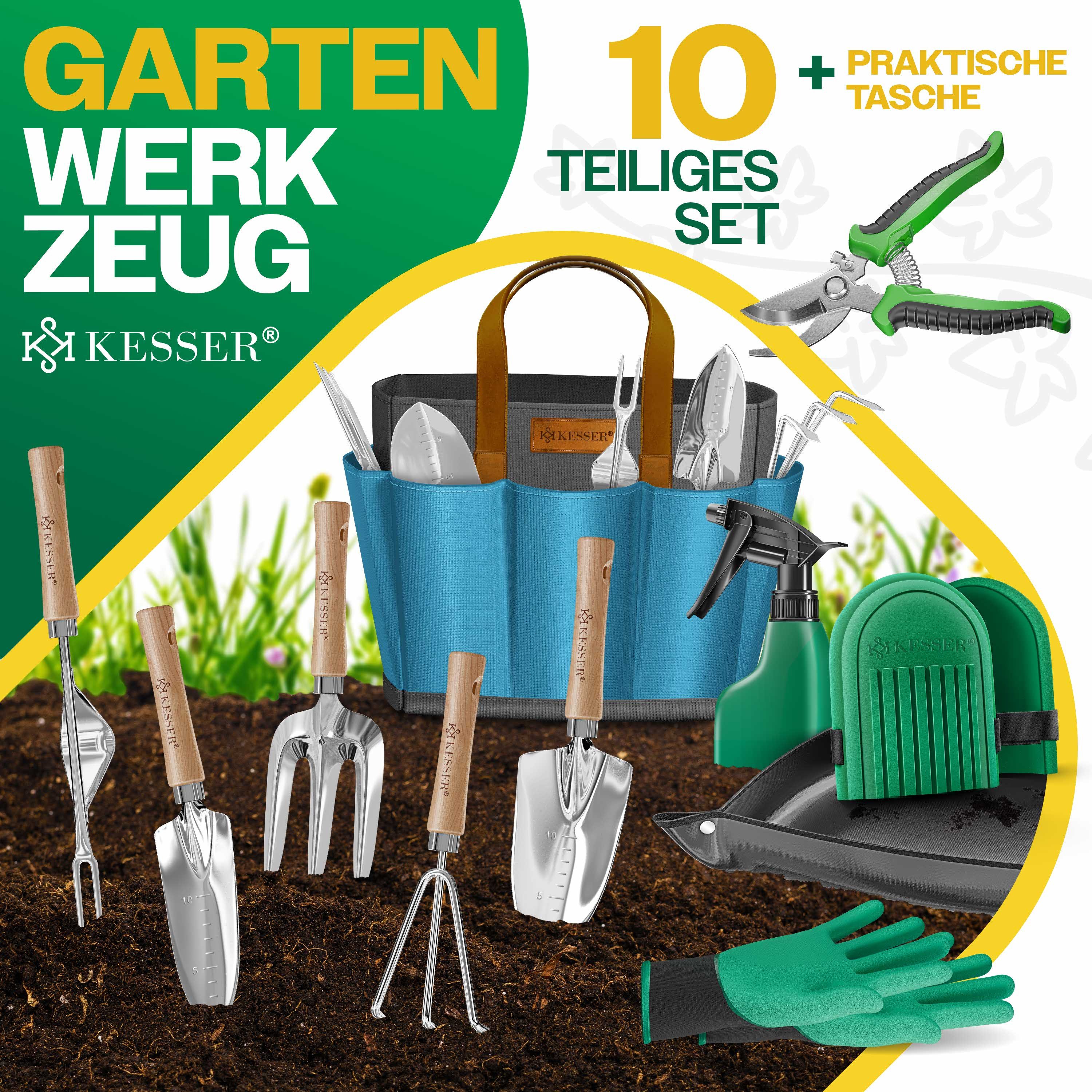 KESSER Gartenpflege-Set Gartenwerkzeug Set 10-teilig Gartengeräte mit ergonomischen Holzgriff, Handschaufel, Handgabel, Unkrautstecher, Handkelle, Handharke & S – Bild 2 von 5