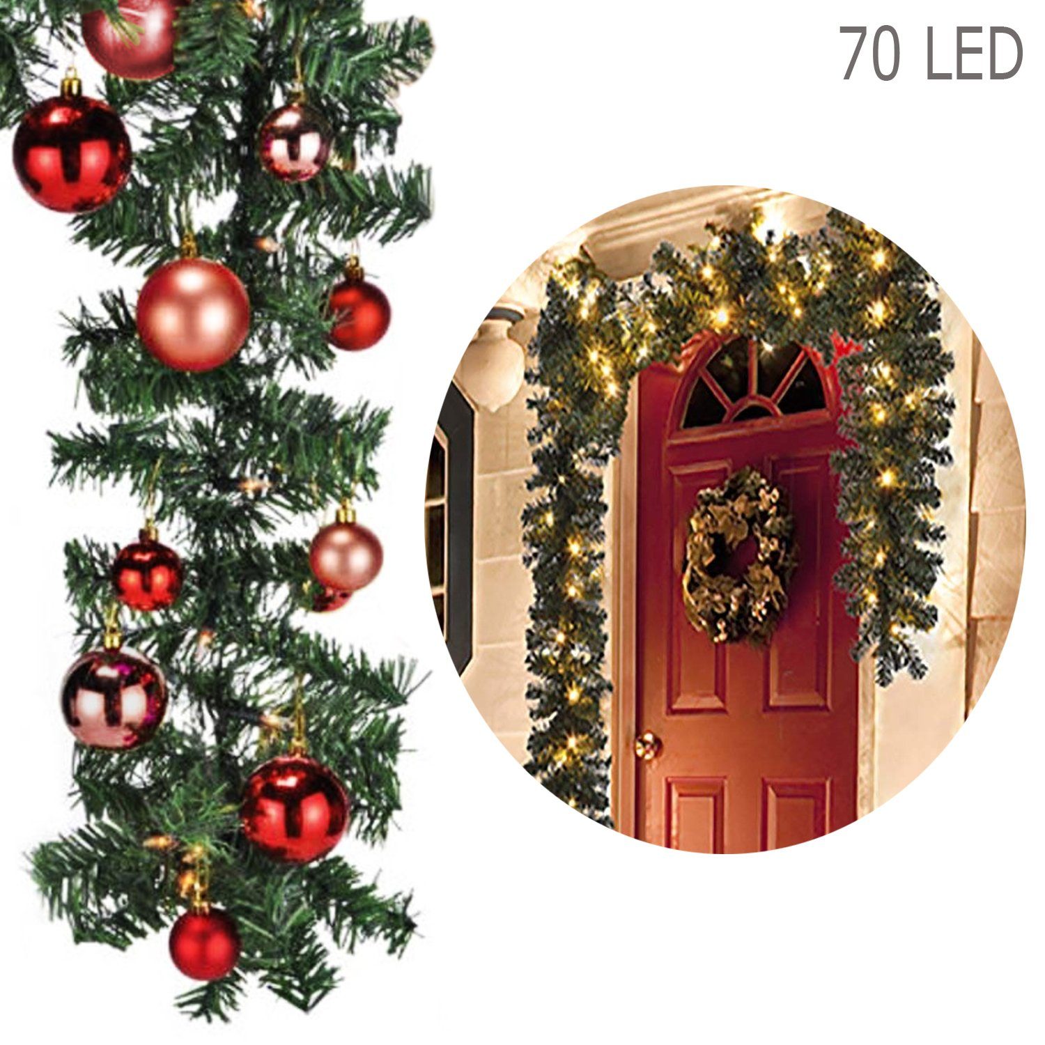 Mojawo Lichtervorhang XL LED Tannengirlande 540cm mit 70 LED inkl. 30 Stück Baumkugeln Rot
