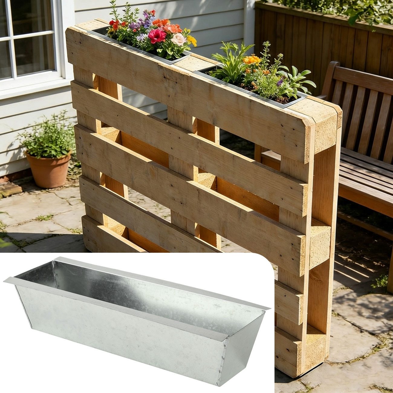 shop'n smile ideoon Blumenkasten Premium Pflanzkasten für Europaletten aus verzinktem Metall (1 St., 1-er, 2-er, 4-er, 6-er, 8-er Set), 3 Ablauflöchern, Blumenkasten für Palettenmöbel