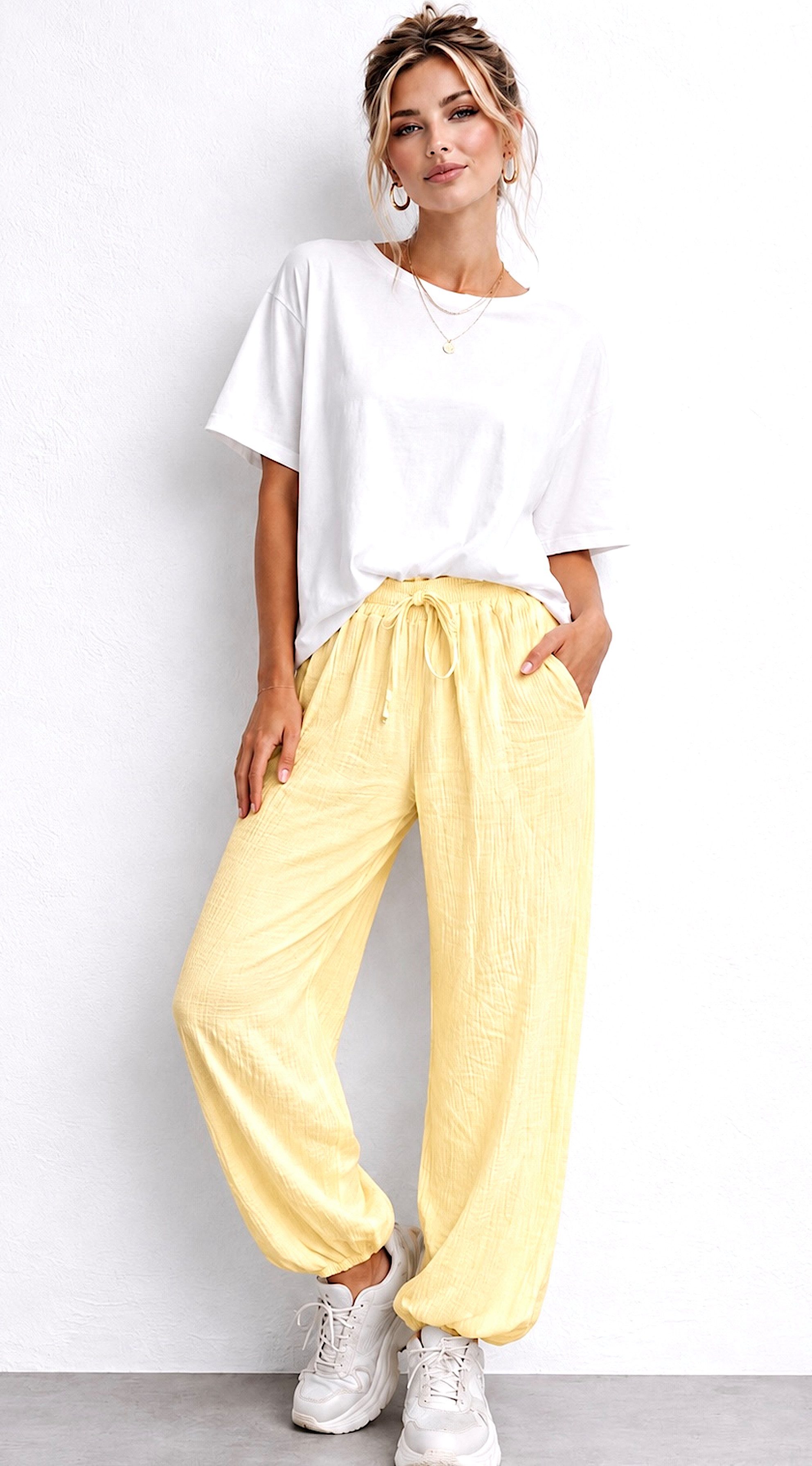 Worldclassca Stoffhose Worldclassca Musselin Stoff Hose Freizeit Sommer Leichte Haremhose Neue Kollektion - Stilvolle und gemütliche Sommer Mode für Damen
