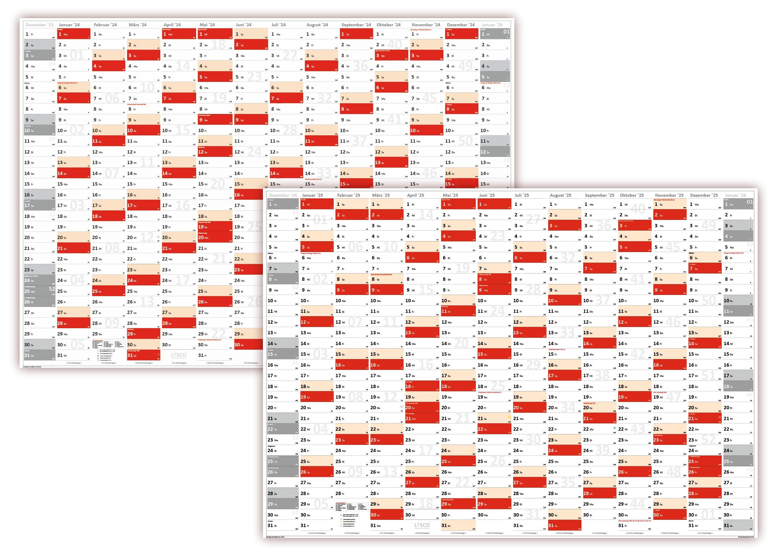 LYSCO Wandkalender XXL Wandplaner DIN A0 2024 + 2025 Classic2 grau, blau, rot (gerollt), zwei separate Kalender