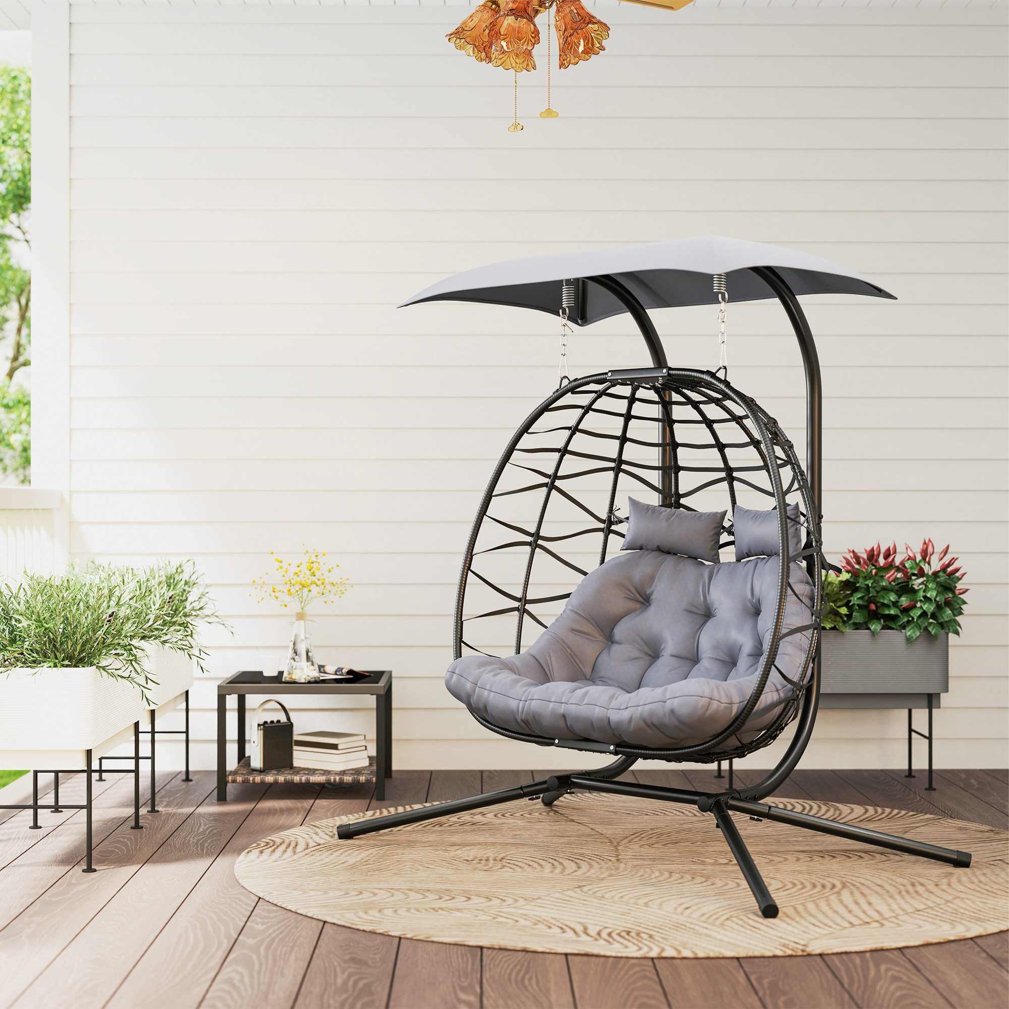 Outsunny Schaukelstuhl Hängestuhl 2 Personen Outdoor Hängeschaukel (faltbar Hängesessel mit Gestell, 1 St), belastbar bis 260kg, für Balkon, Terrasse, Dunkelgrau