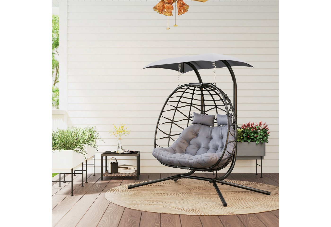 Outsunny Schaukelstuhl Hängestuhl 2 Personen Outdoor Hängeschaukel (faltbar Hängesessel mit Gestell, 1 St), belastbar bis 260kg, für Balkon, Terrasse, Dunkelgrau